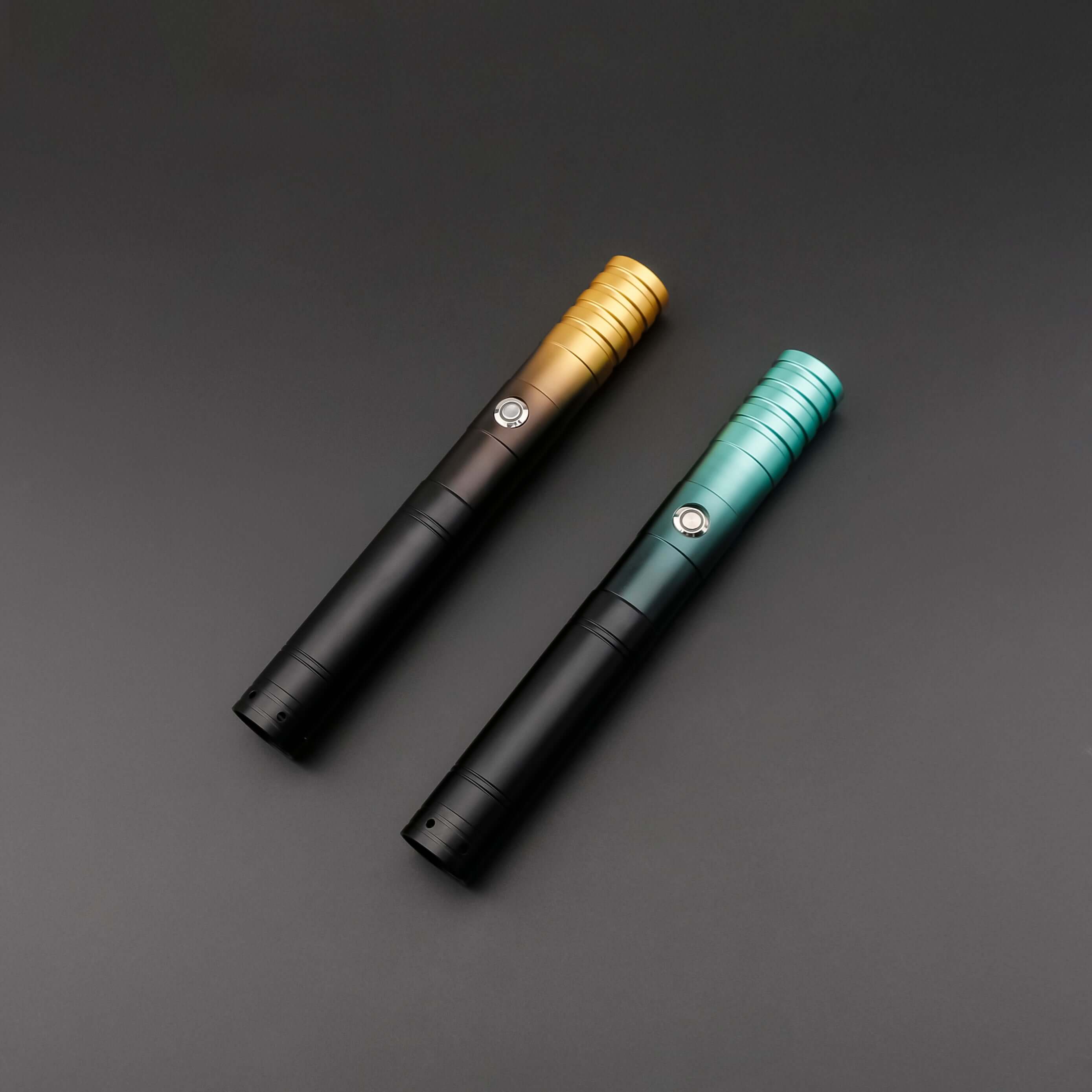 Dual Bladed Ink Lightsaber Bundle – two frosted aluminum alloy hilts with striking ink art design, featuring removable 77 cm or 82 cm polycarbonate blades, RGB S16/S27 or SNV4 Pro cores offering customizable blade colors