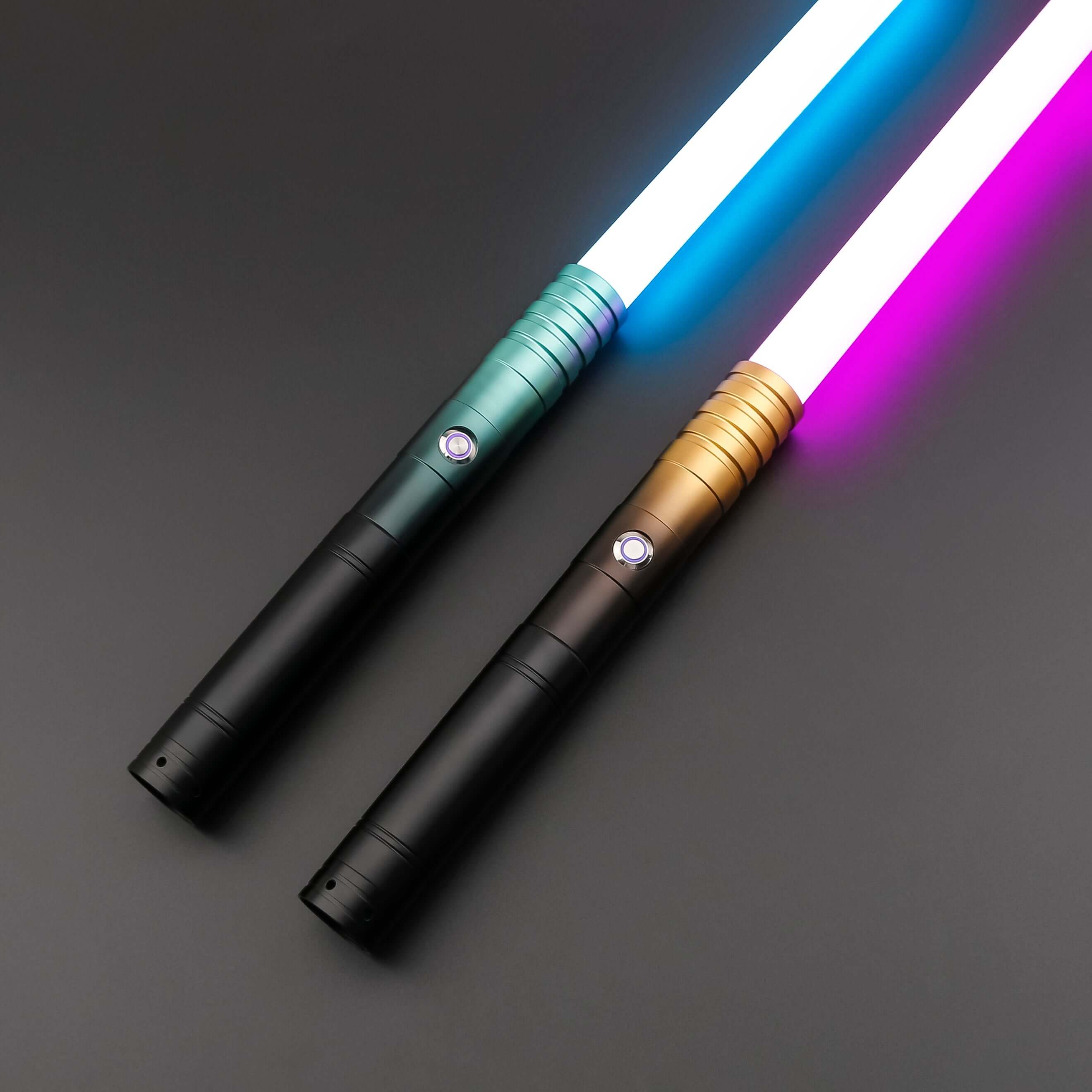 Dual Bladed Ink Lightsaber Bundle – two frosted aluminum alloy hilts with striking ink art design, featuring removable 77 cm or 82 cm polycarbonate blades, RGB S16/S27 or SNV4 Pro cores offering customizable blade colors