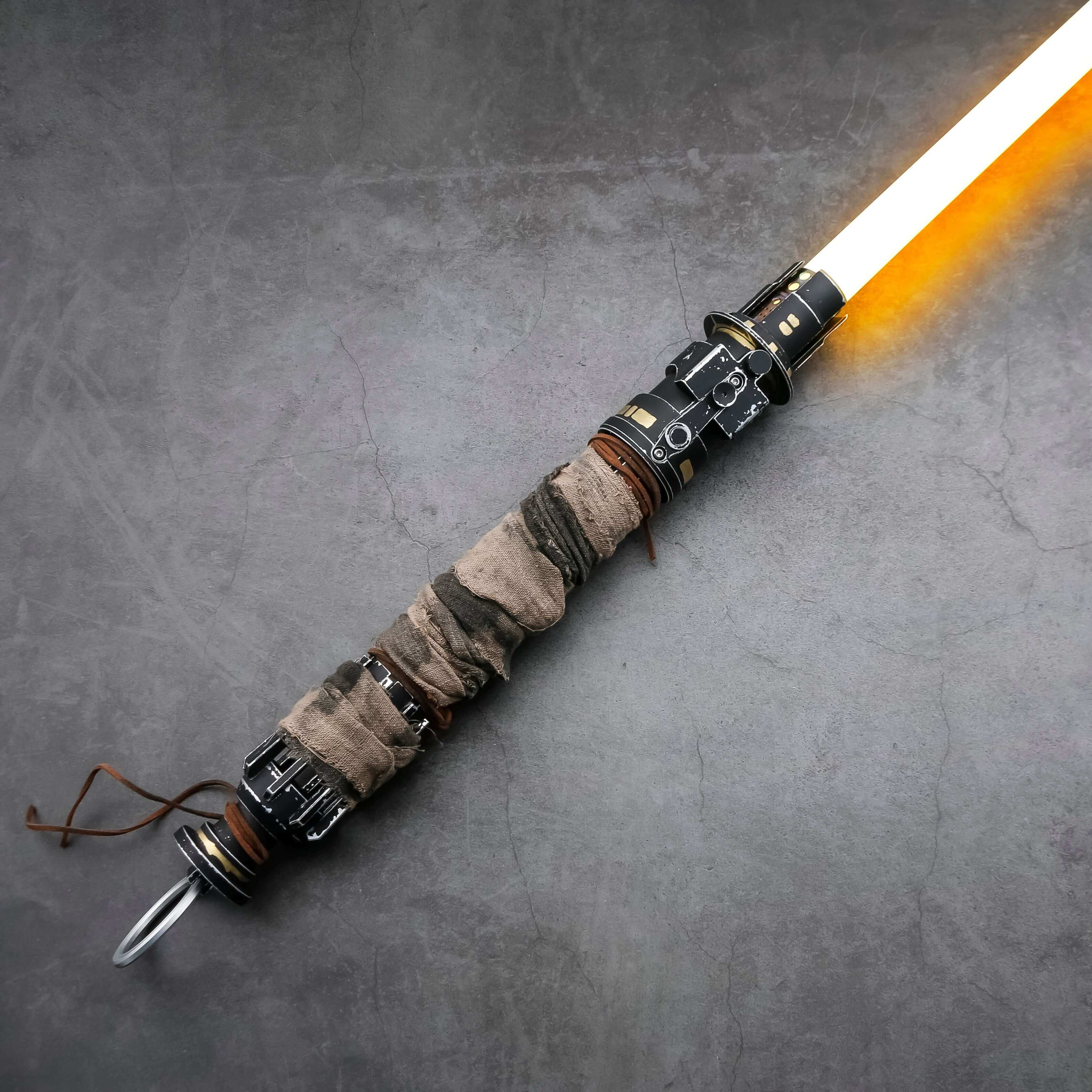 Boone Kestis lightsaber replica with matte black aluminum alloy hilt, textured anti-slip grip, removable polycarbonate blade, Proffie 2.2 soundboard, 22 soundfonts, Neopixel RGB blade, USB charging, 32"/36" blade options, and 18650 battery.