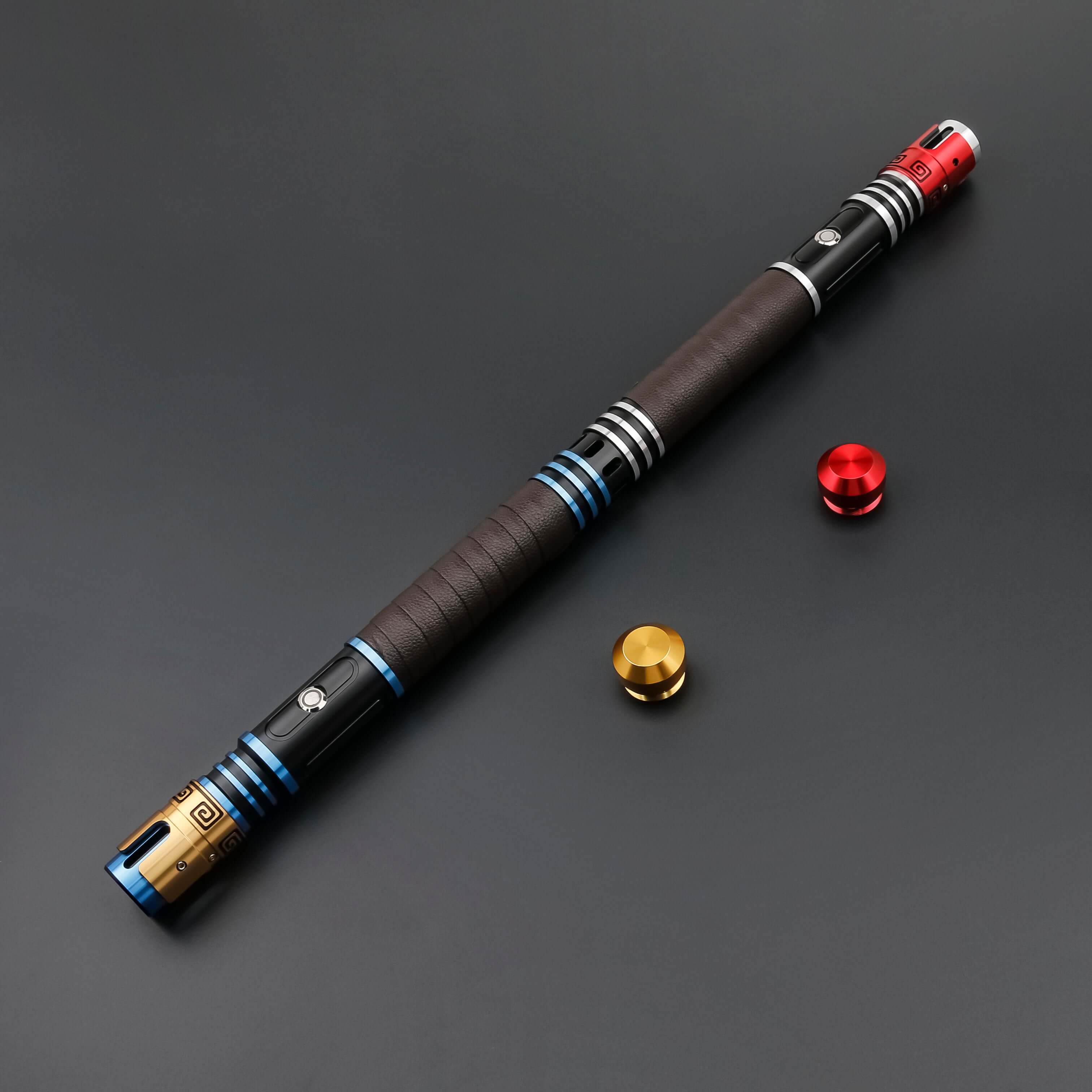 Acolyte Double Edged Sword featuring aircraft-grade aluminum hilt, replaceable polycarbonate blade, 12 RGB color modes, 27 customizable soundfonts, high-sensitivity motion sensors, flash-on-clash and lock-up loop effects, designed for heavy dueling and im