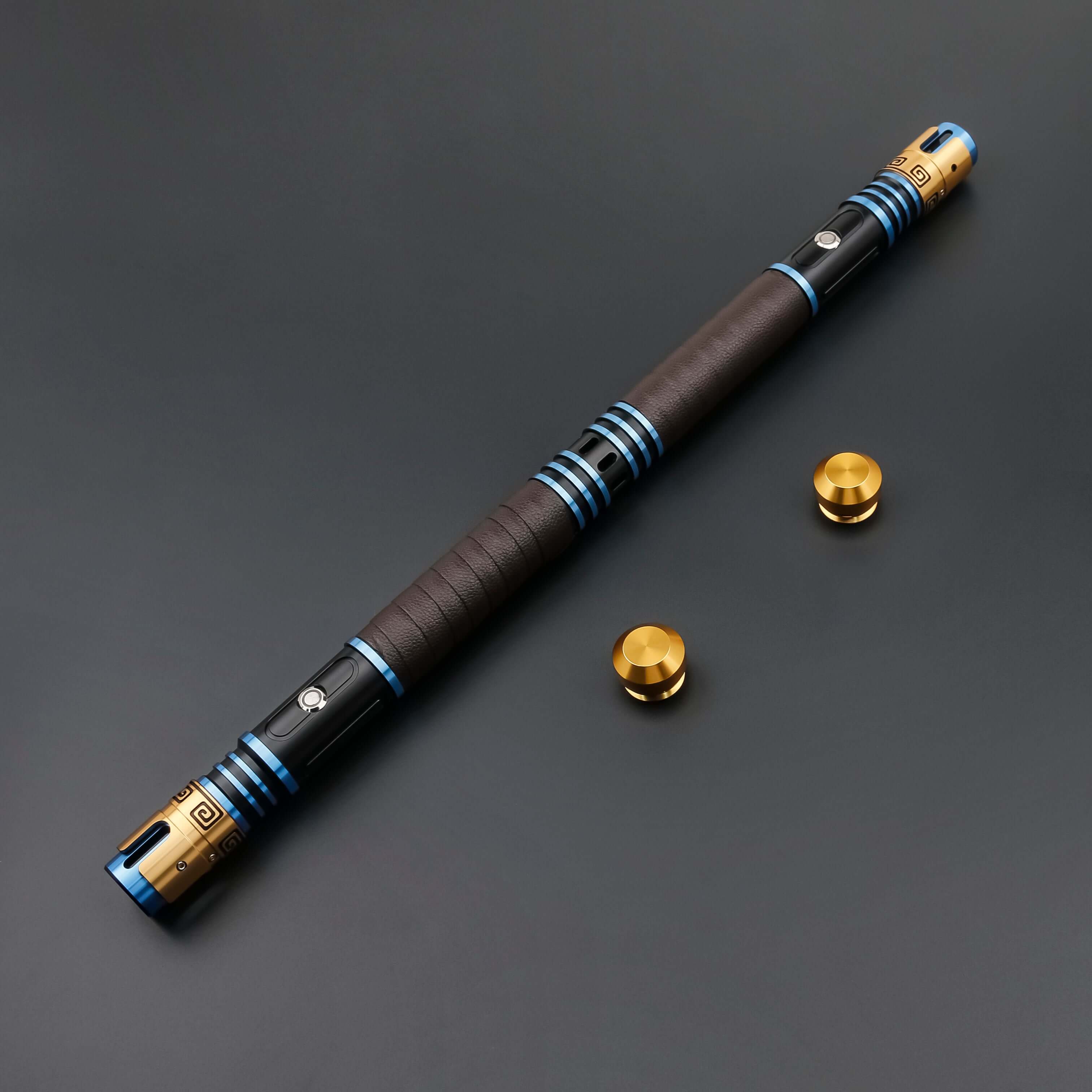 Acolyte Double Edged Sword featuring aircraft-grade aluminum hilt, replaceable polycarbonate blade, 12 RGB color modes, 27 customizable soundfonts, high-sensitivity motion sensors, flash-on-clash and lock-up loop effects, designed for heavy dueling and im
