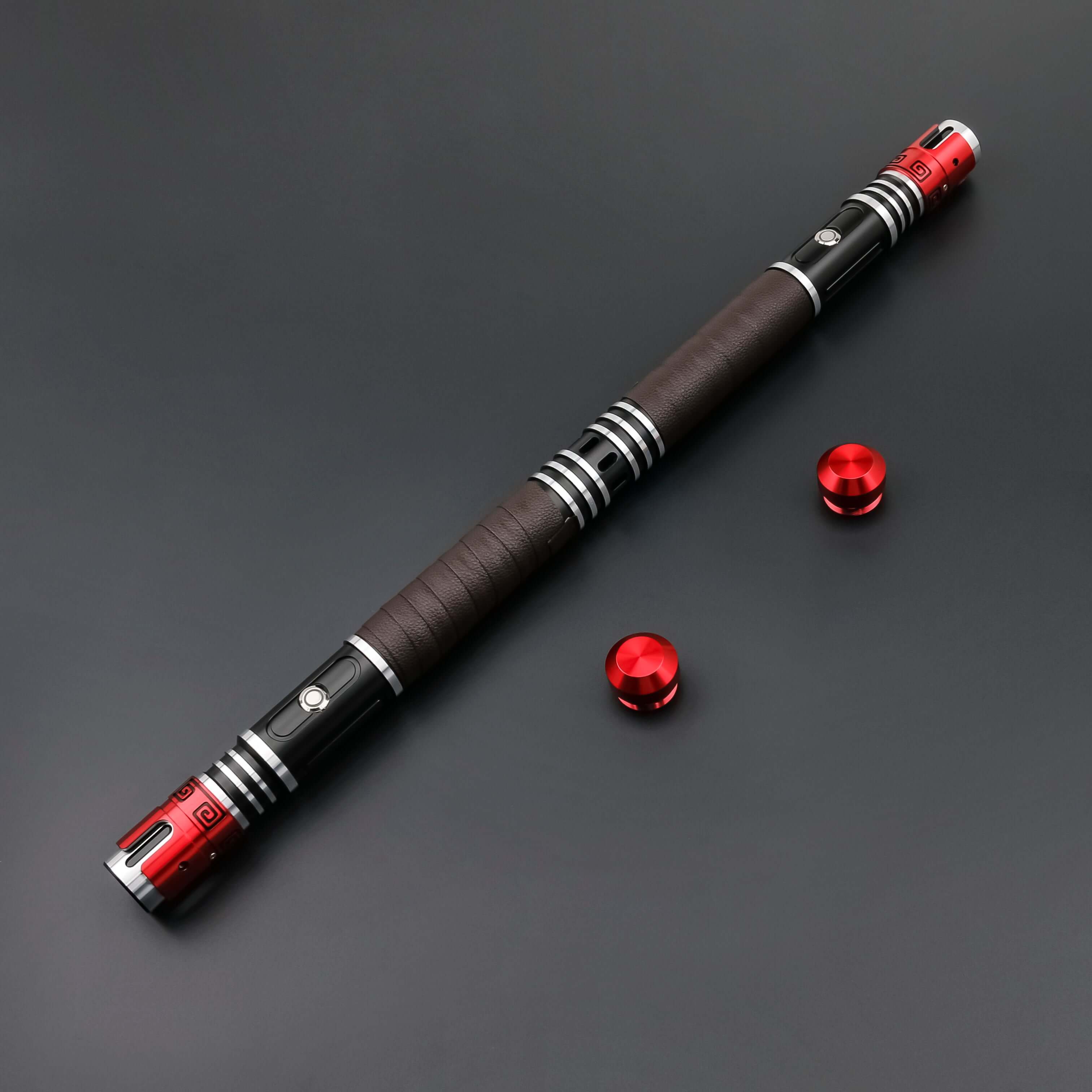 Acolyte Double Edged Sword featuring aircraft-grade aluminum hilt, replaceable polycarbonate blade, 12 RGB color modes, 27 customizable soundfonts, high-sensitivity motion sensors, flash-on-clash and lock-up loop effects, designed for heavy dueling and im