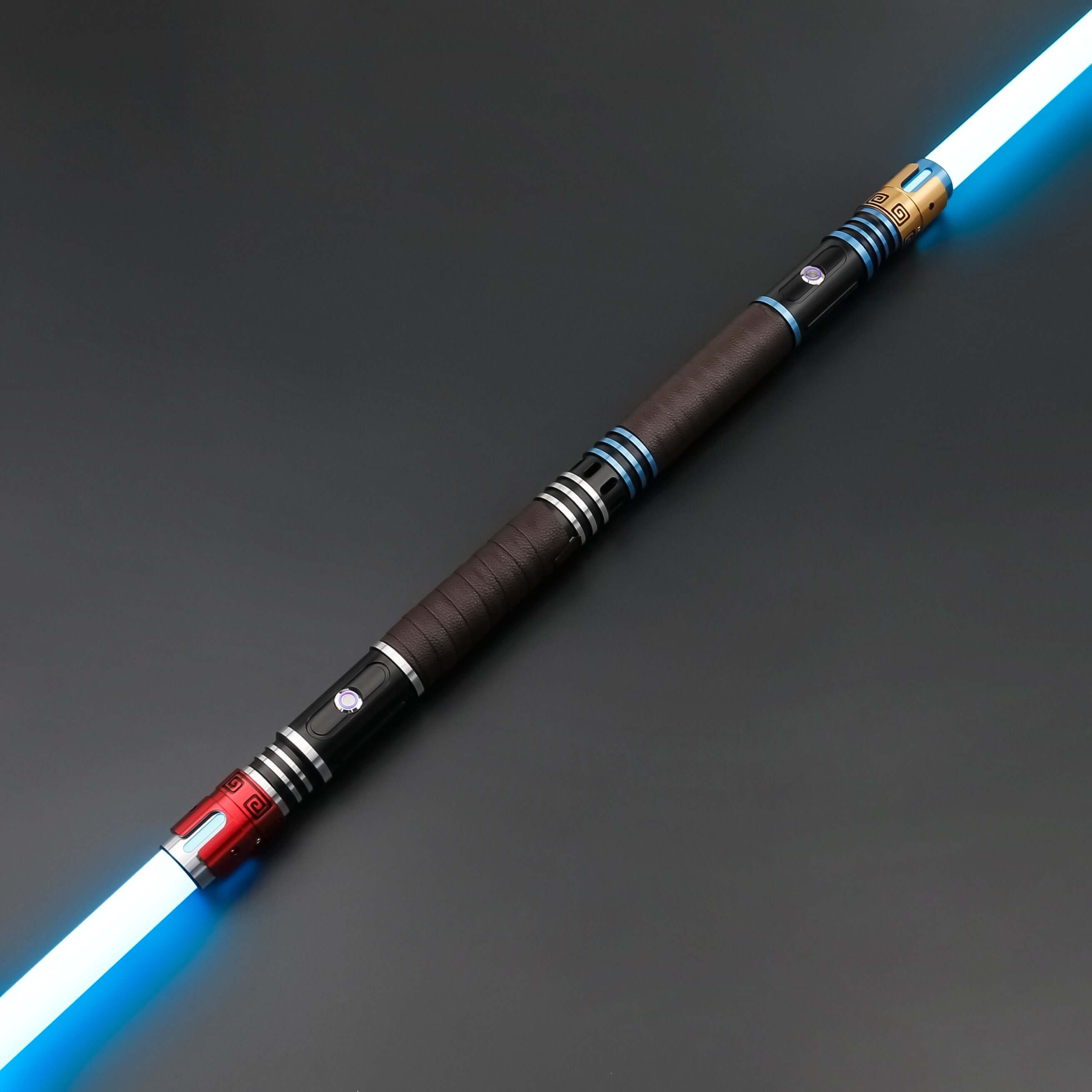 Acolyte Double Edged Sword featuring aircraft-grade aluminum hilt, replaceable polycarbonate blade, 12 RGB color modes, 27 customizable soundfonts, high-sensitivity motion sensors, flash-on-clash and lock-up loop effects, designed for heavy dueling and im