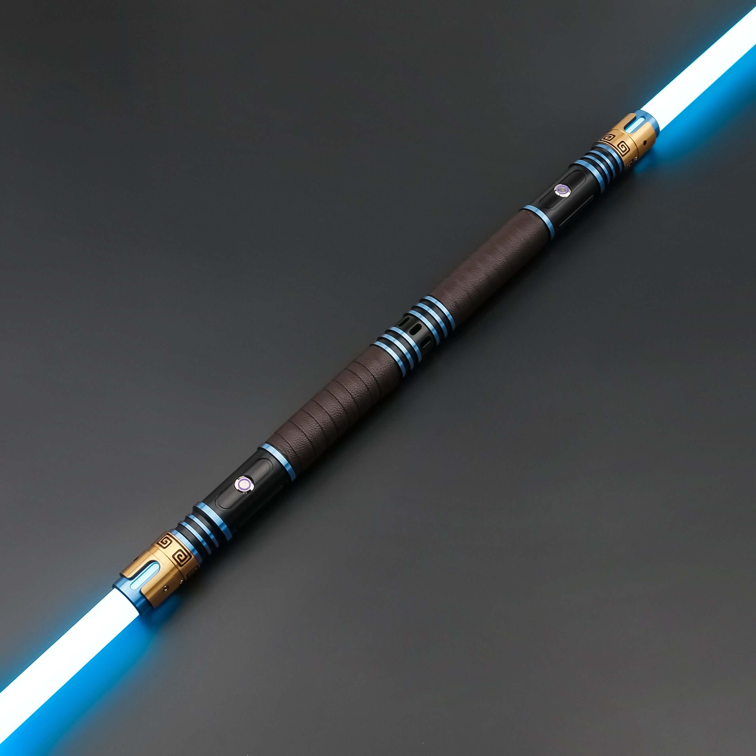 Acolyte Double Edged Sword featuring aircraft-grade aluminum hilt, replaceable polycarbonate blade, 12 RGB color modes, 27 customizable soundfonts, high-sensitivity motion sensors, flash-on-clash and lock-up loop effects, designed for heavy dueling and im