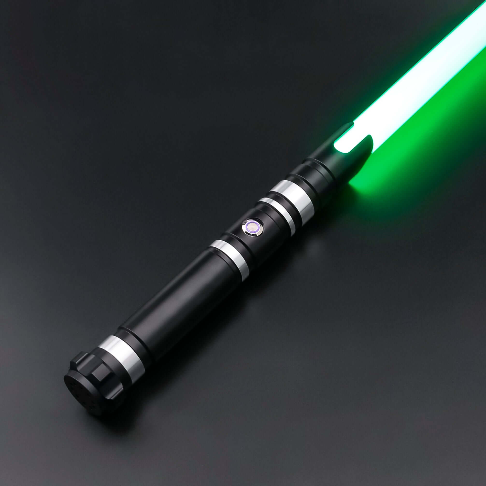 Hunter Dual Sabers featuring lightweight aluminum hilts with circular grip patterns and extended emitter necks, designed for enhanced maneuverability and ideal for cosplay and display.