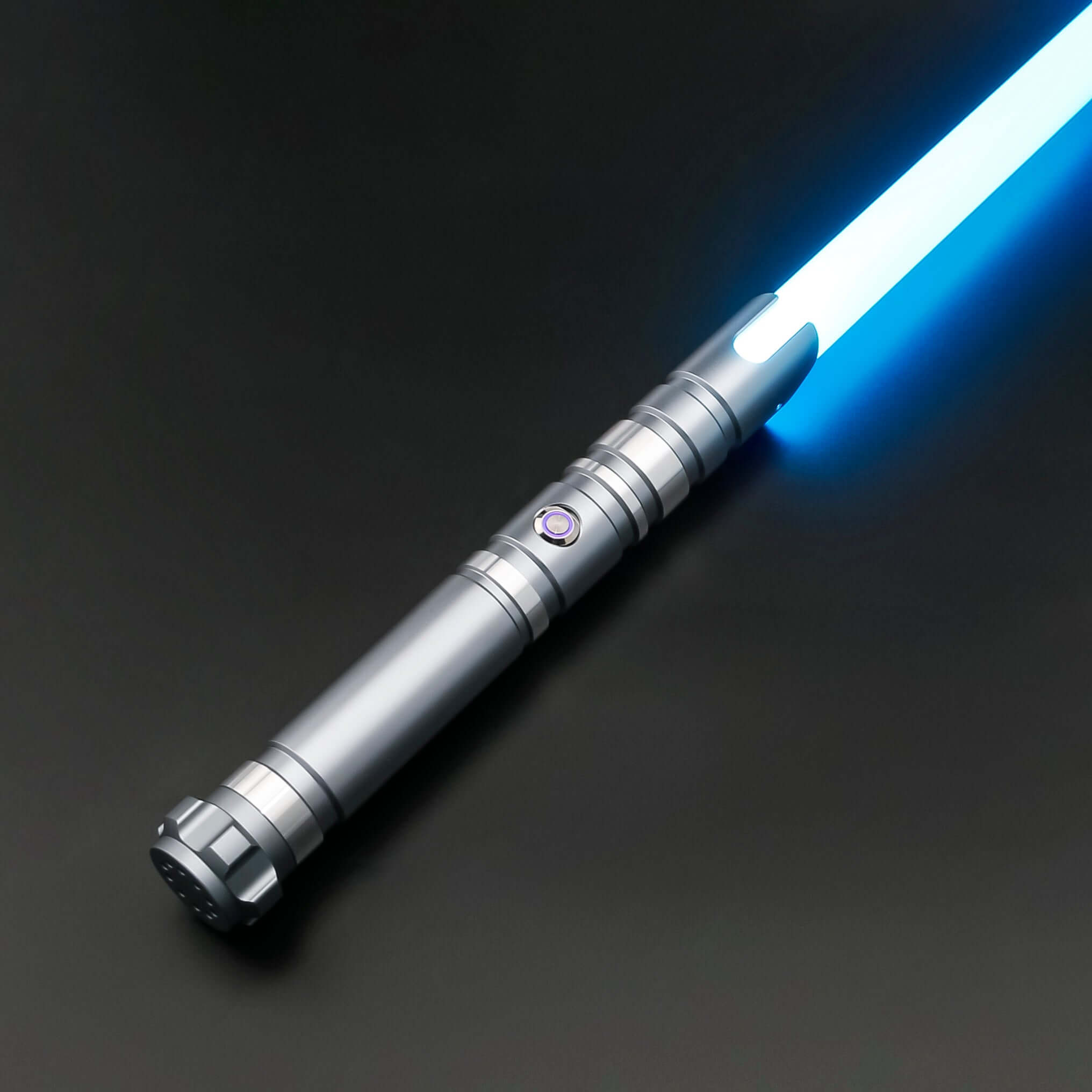 Hunter Dual Sabers featuring lightweight aluminum hilts with circular grip patterns and extended emitter necks, designed for enhanced maneuverability and ideal for cosplay and display.