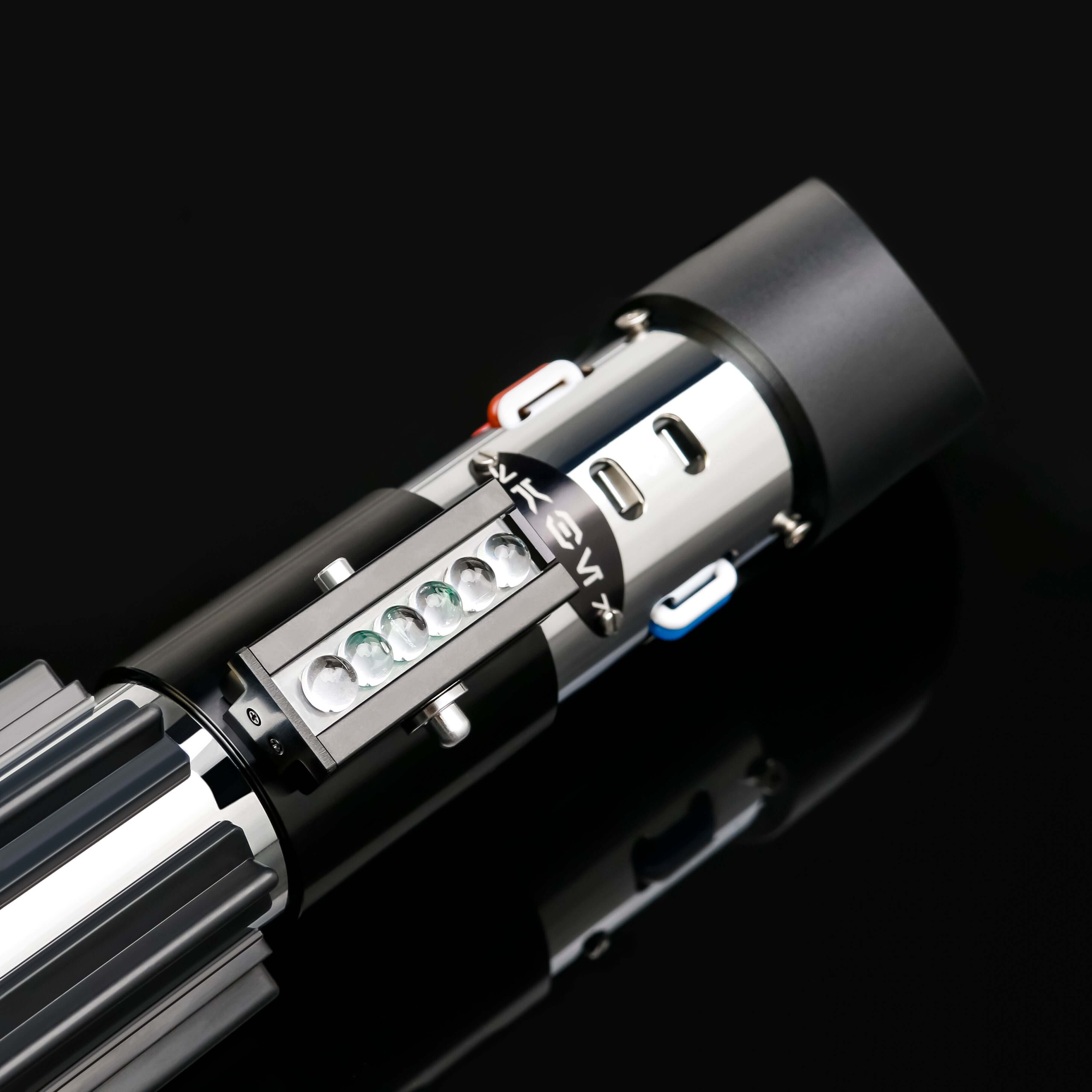 Vader lightsaber with frosted aluminum alloy hilt, featuring 12 blade colors, 16 sound fonts, and options for Baselit, S-RGB, Neopixel, or Proffie cores, ideal for cosplay and light dueling.