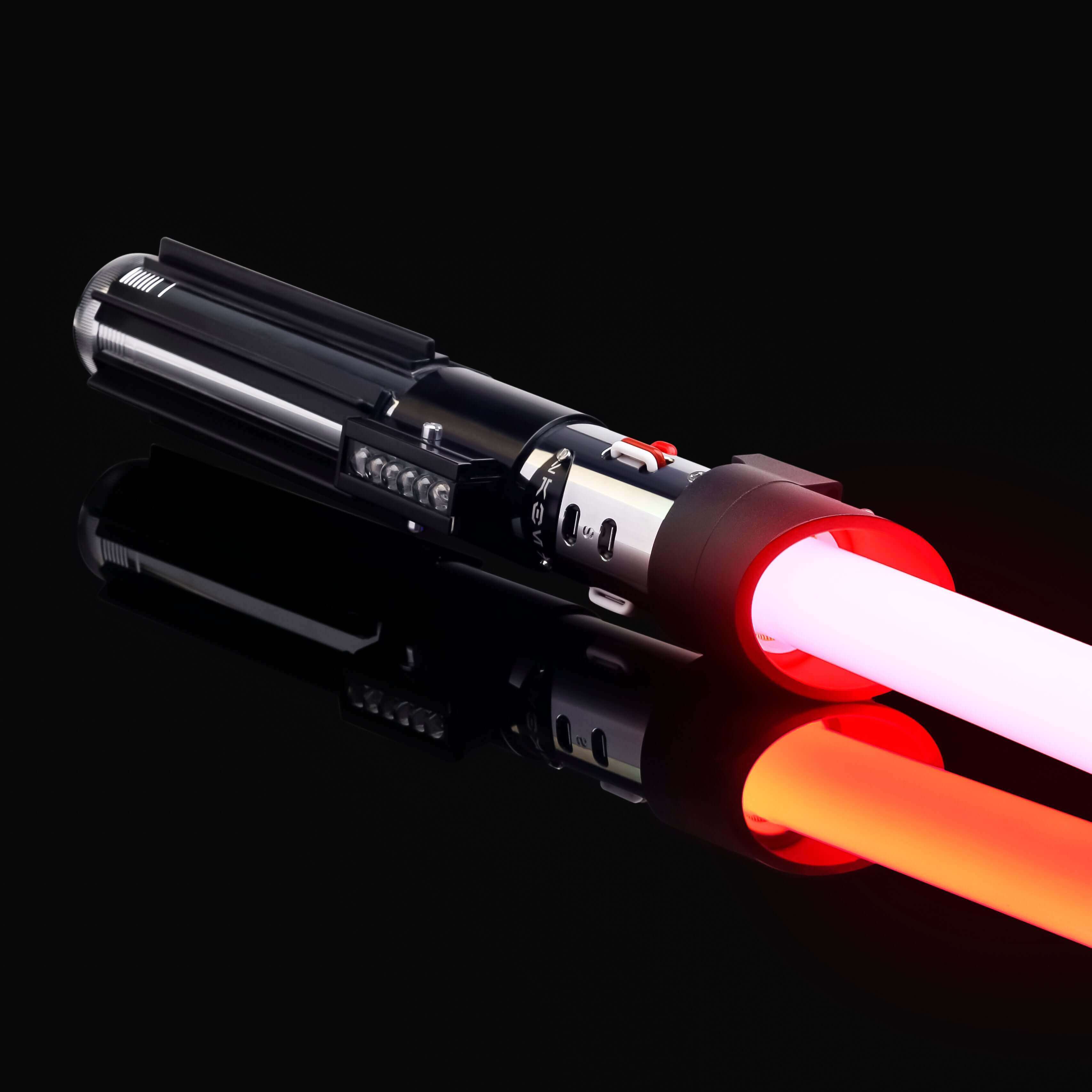 Vader lightsaber with frosted aluminum alloy hilt, featuring 12 blade colors, 16 sound fonts, and options for Baselit, S-RGB, Neopixel, or Proffie cores, ideal for cosplay and light dueling.