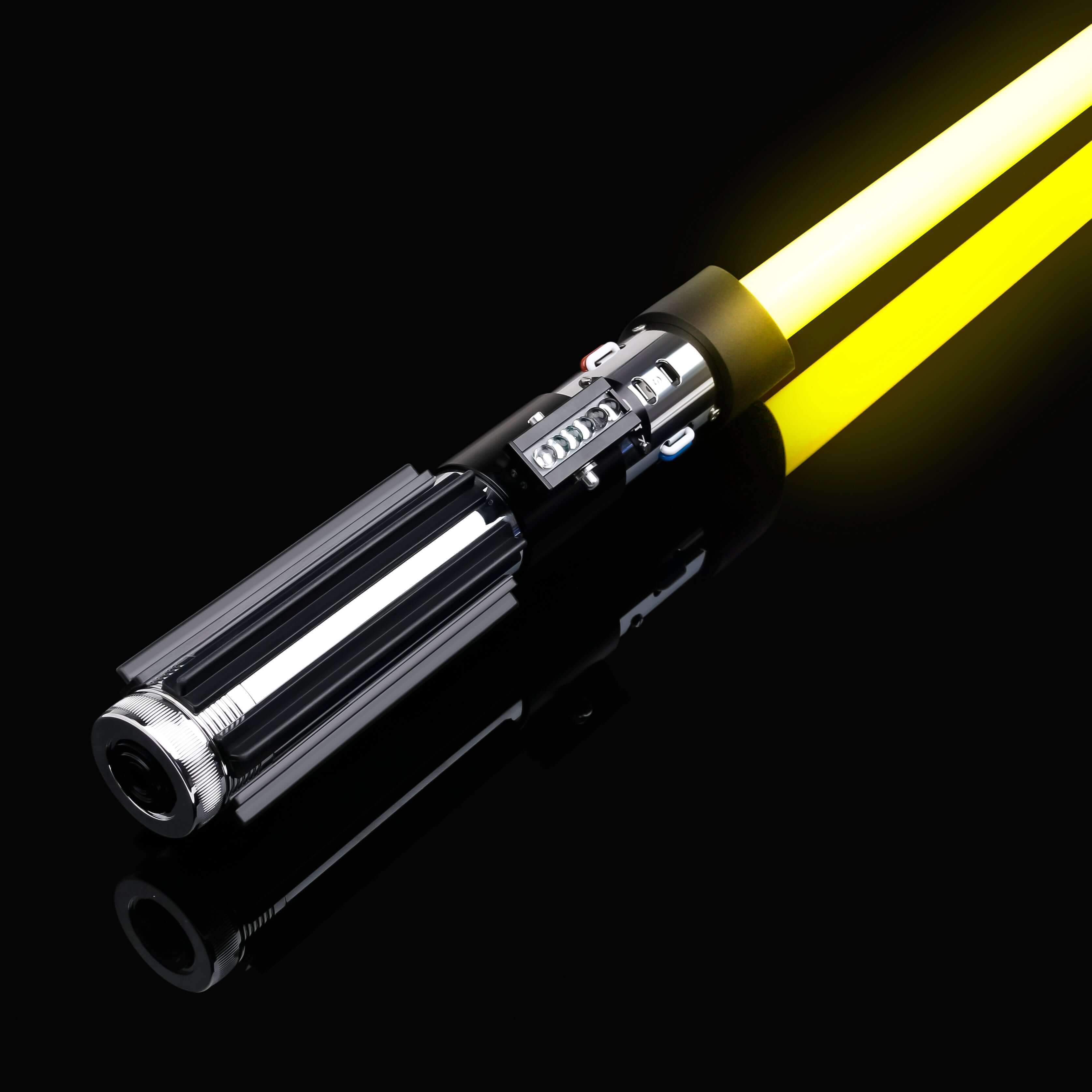 Vader lightsaber with frosted aluminum alloy hilt, featuring 12 blade colors, 16 sound fonts, and options for Baselit, S-RGB, Neopixel, or Proffie cores, ideal for cosplay and light dueling.