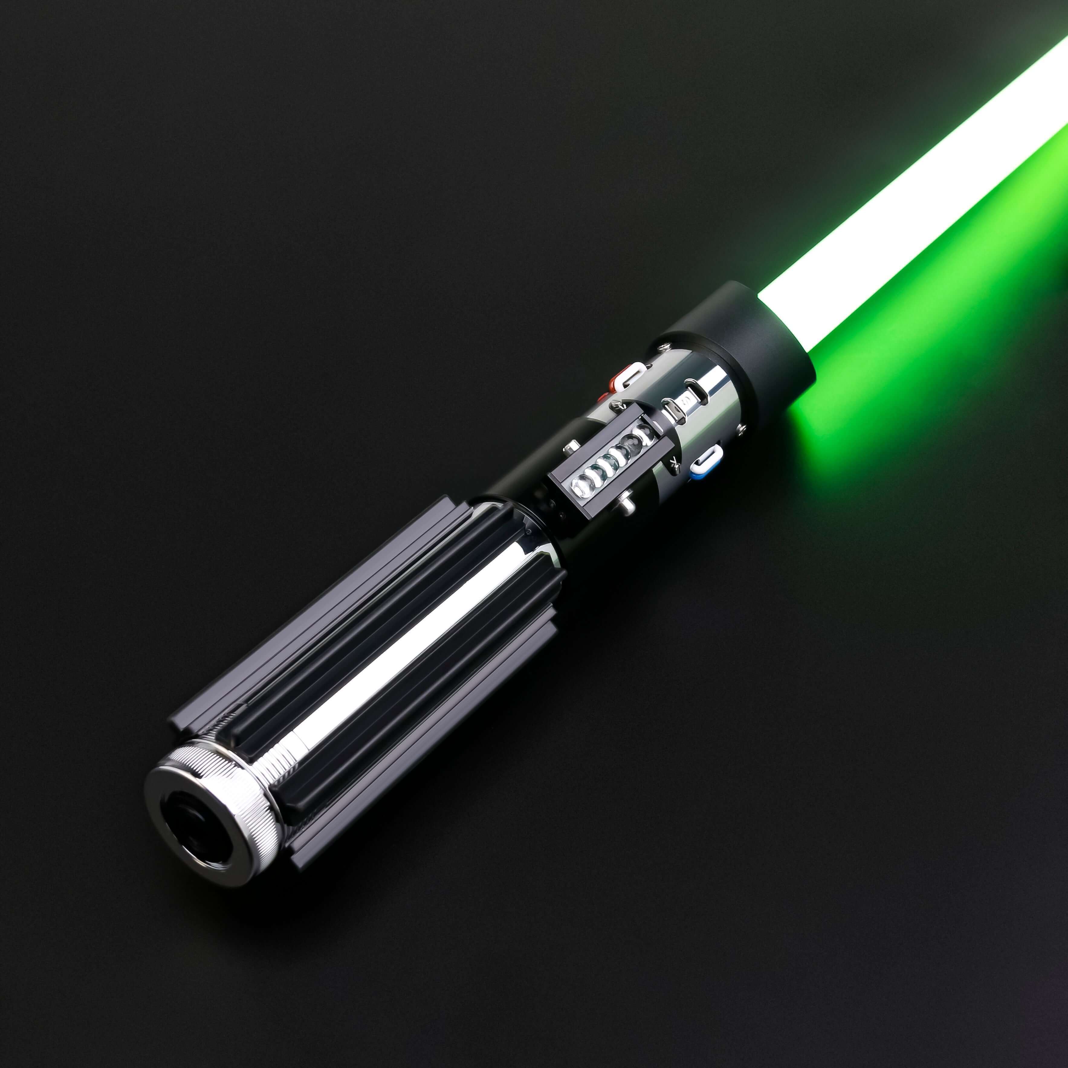 Vader lightsaber with frosted aluminum alloy hilt, featuring 12 blade colors, 16 sound fonts, and options for Baselit, S-RGB, Neopixel, or Proffie cores, ideal for cosplay and light dueling.