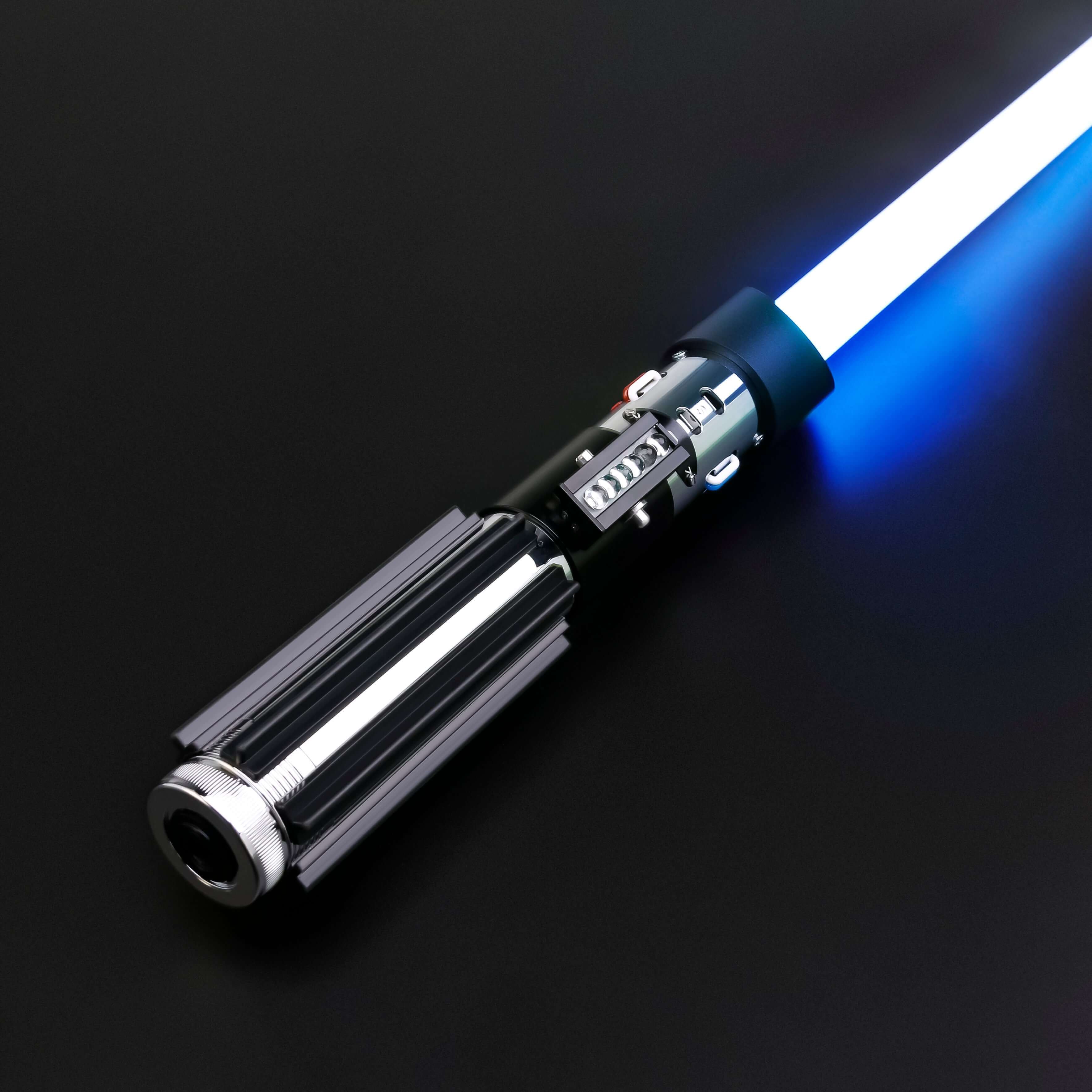 Vader lightsaber with frosted aluminum alloy hilt, featuring 12 blade colors, 16 sound fonts, and options for Baselit, S-RGB, Neopixel, or Proffie cores, ideal for cosplay and light dueling.