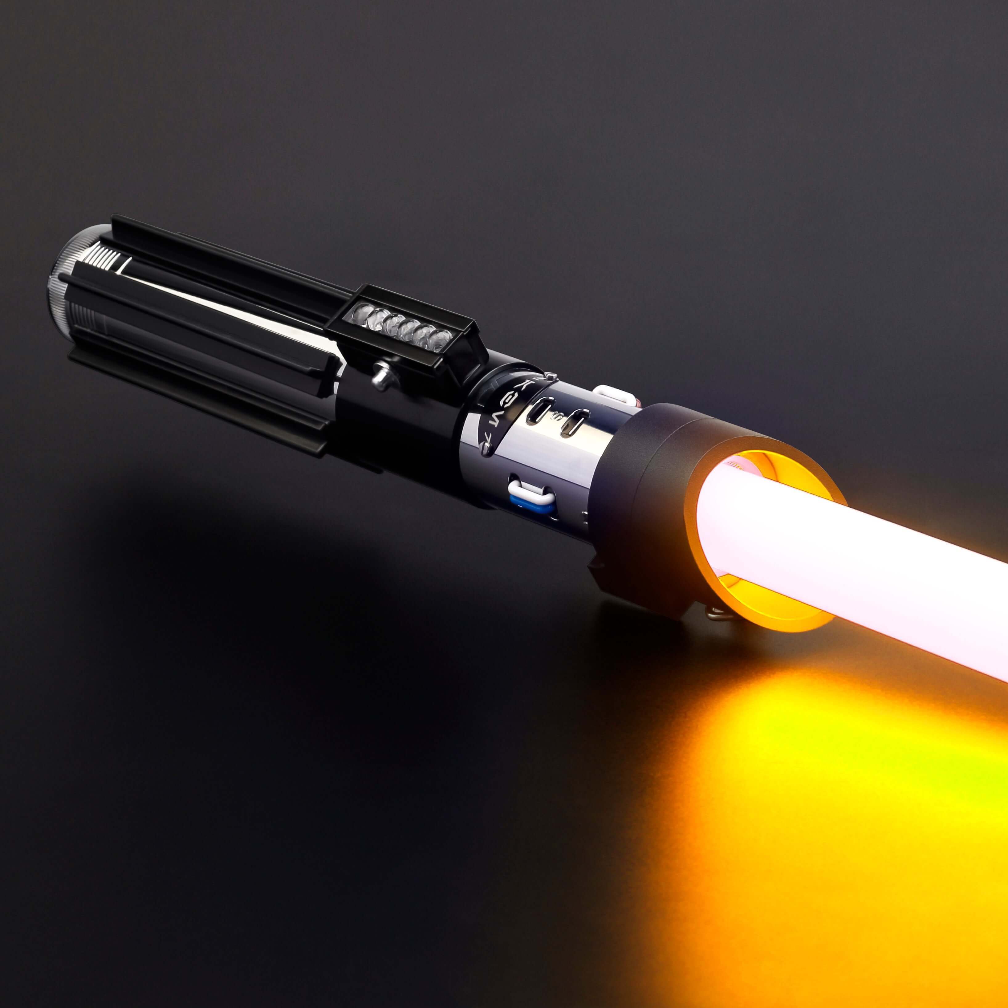 Vader lightsaber with frosted aluminum alloy hilt, featuring 12 blade colors, 16 sound fonts, and options for Baselit, S-RGB, Neopixel, or Proffie cores, ideal for cosplay and light dueling.