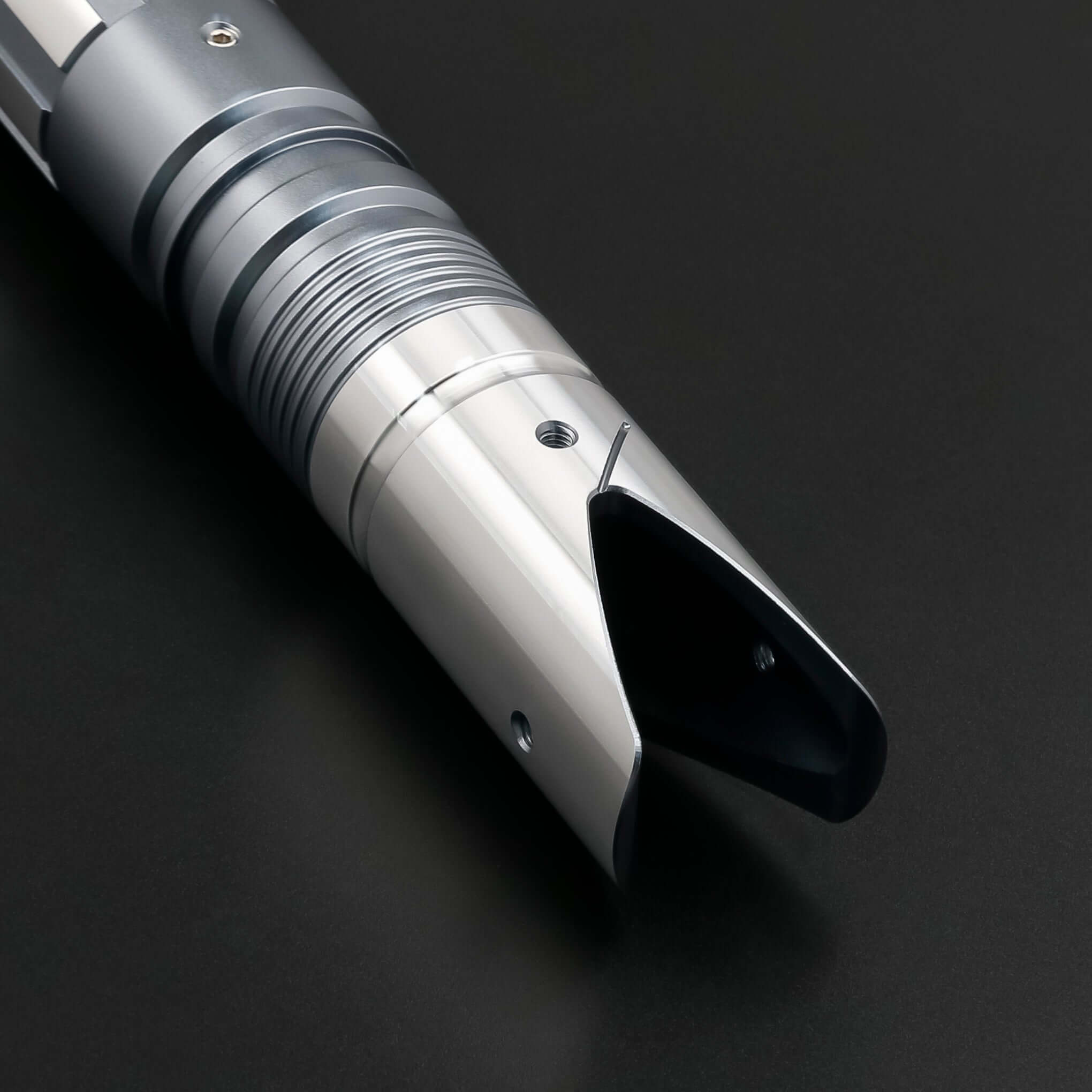 Zebra Dual Sabers featuring lightweight aluminum hilts with circular grip patterns and extended emitter necks, designed for enhanced maneuverability and ideal for cosplay and display.