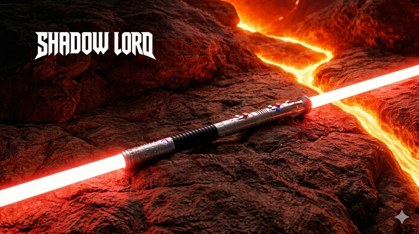 Maul-Ventress double-bladed lightsaber with dual red blades on a volcanic rock surface with a lava background.