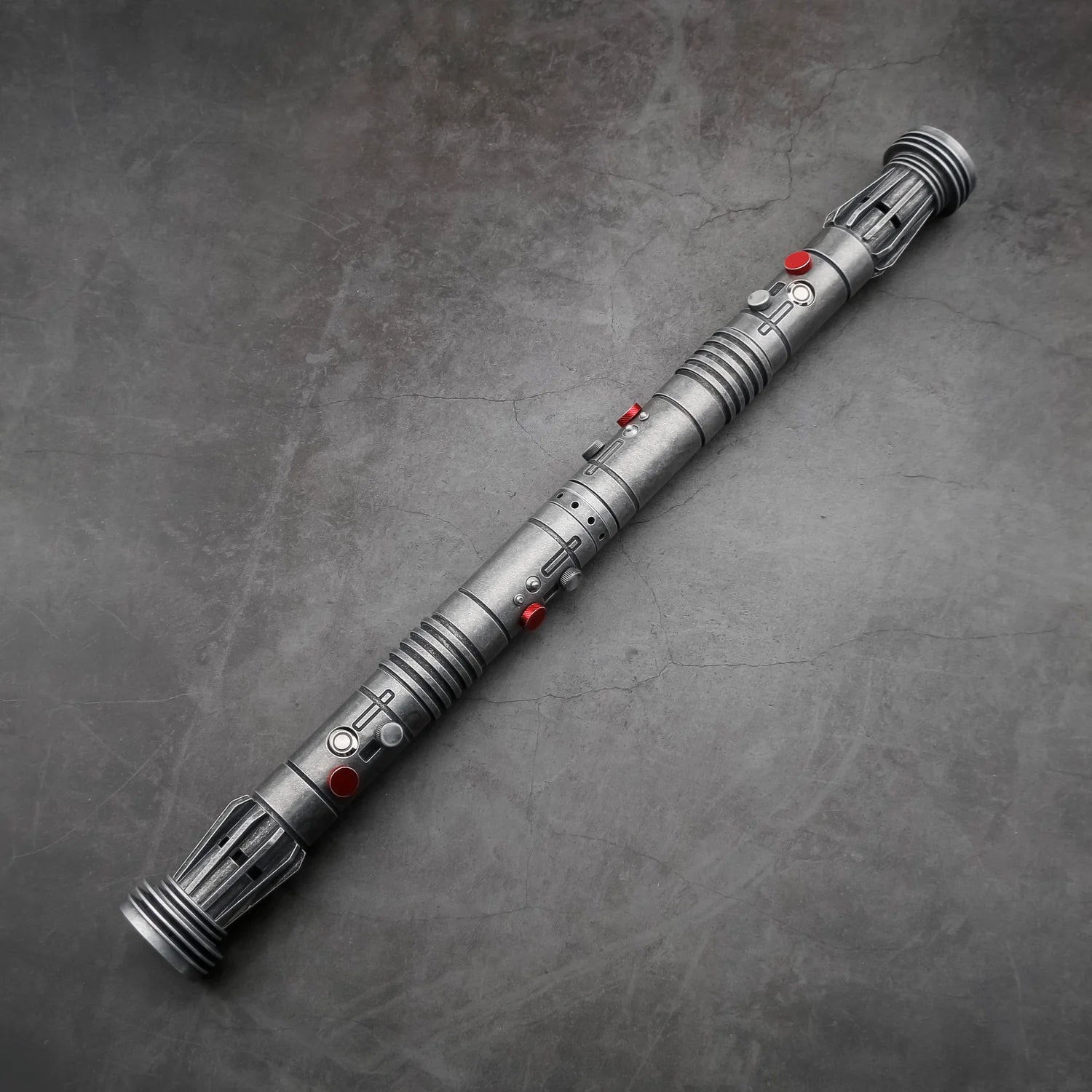 Maul SE (Weathered) double-bladed saber featuring frosted aluminum alloy hilts, removable polycarbonate blades, customizable RGB lighting, multiple sound fonts, and advanced blade effects, designed for enthusiasts seeking high-performance double-bladed sa