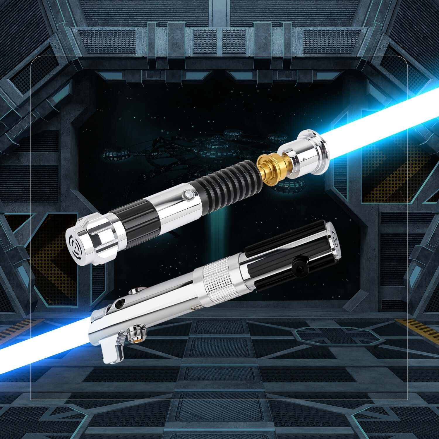 Obi & Ani Lightsaber Bundle – twin aluminum alloy hilts inspired by Obi-Wan SE and Anakin SE, removable polycarbonate blades (32"/36"), RGB S16 or Neopixel core options with customizable colors and soundfonts, smooth swing motion sensors, USB-rechargeable