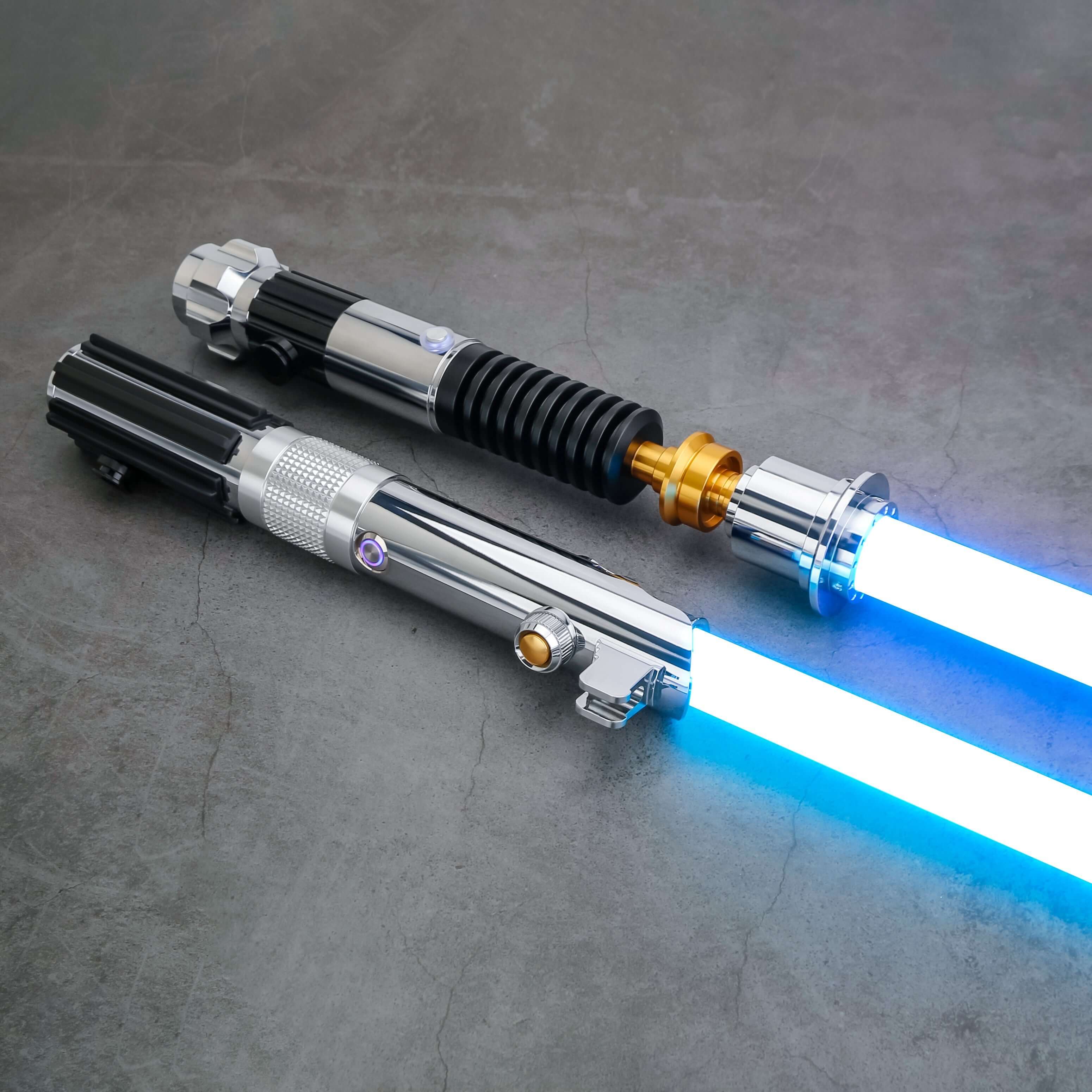 Obi & Ani Lightsaber Bundle – twin aluminum alloy hilts inspired by Obi-Wan SE and Anakin SE, removable polycarbonate blades (32"/36"), RGB S16 or Neopixel core options with customizable colors and soundfonts, smooth swing motion sensors, USB-rechargeable