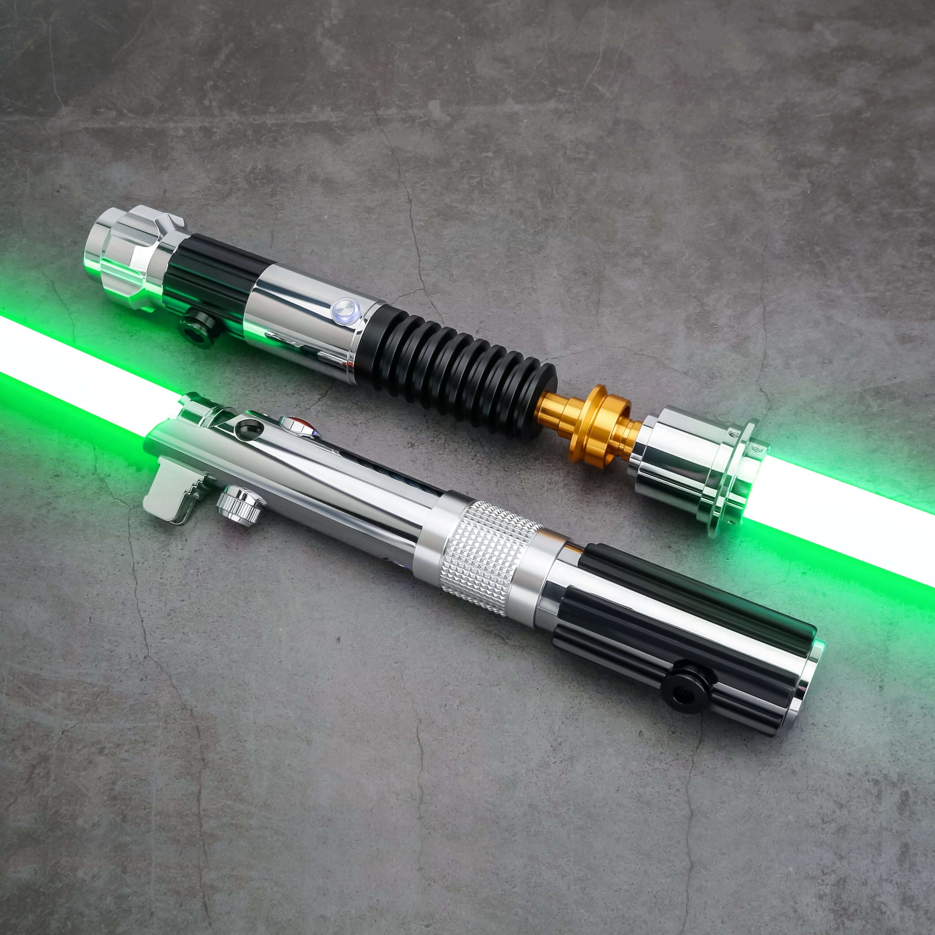 Obi & Ani Lightsaber Bundle – twin aluminum alloy hilts inspired by Obi-Wan SE and Anakin SE, removable polycarbonate blades (32"/36"), RGB S16 or Neopixel core options with customizable colors and soundfonts, smooth swing motion sensors, USB-rechargeable