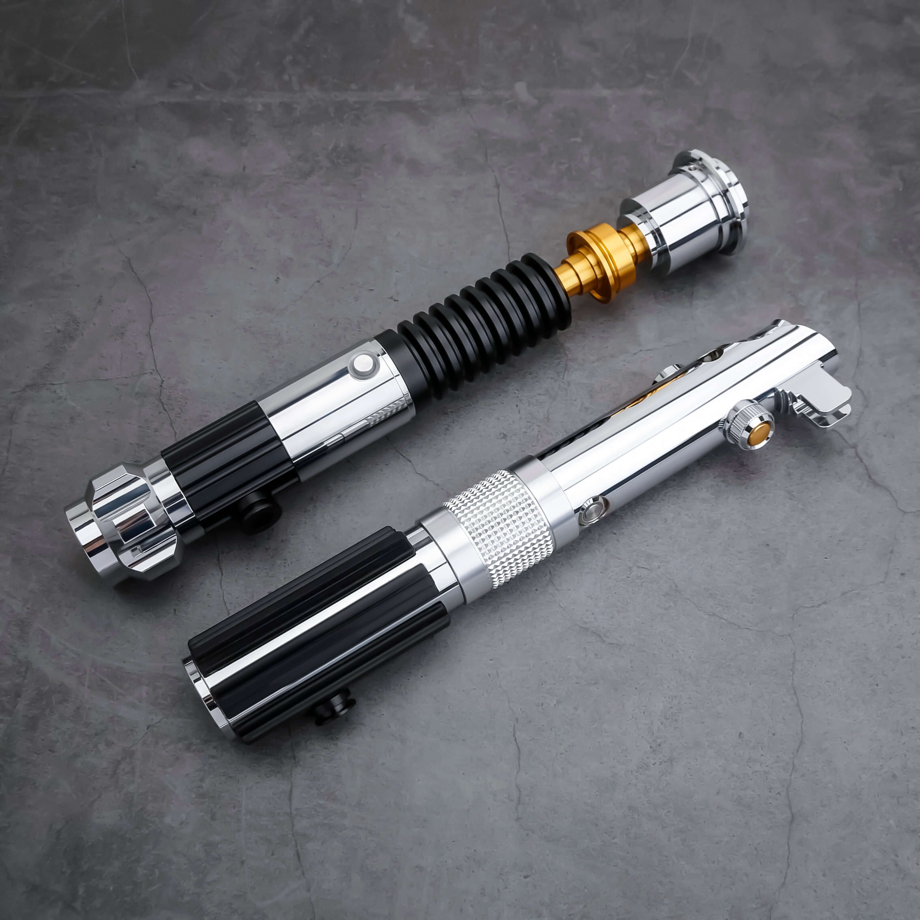 Obi & Ani Lightsaber Bundle – twin aluminum alloy hilts inspired by Obi-Wan SE and Anakin SE, removable polycarbonate blades (32"/36"), RGB S16 or Neopixel core options with customizable colors and soundfonts, smooth swing motion sensors, USB-rechargeable