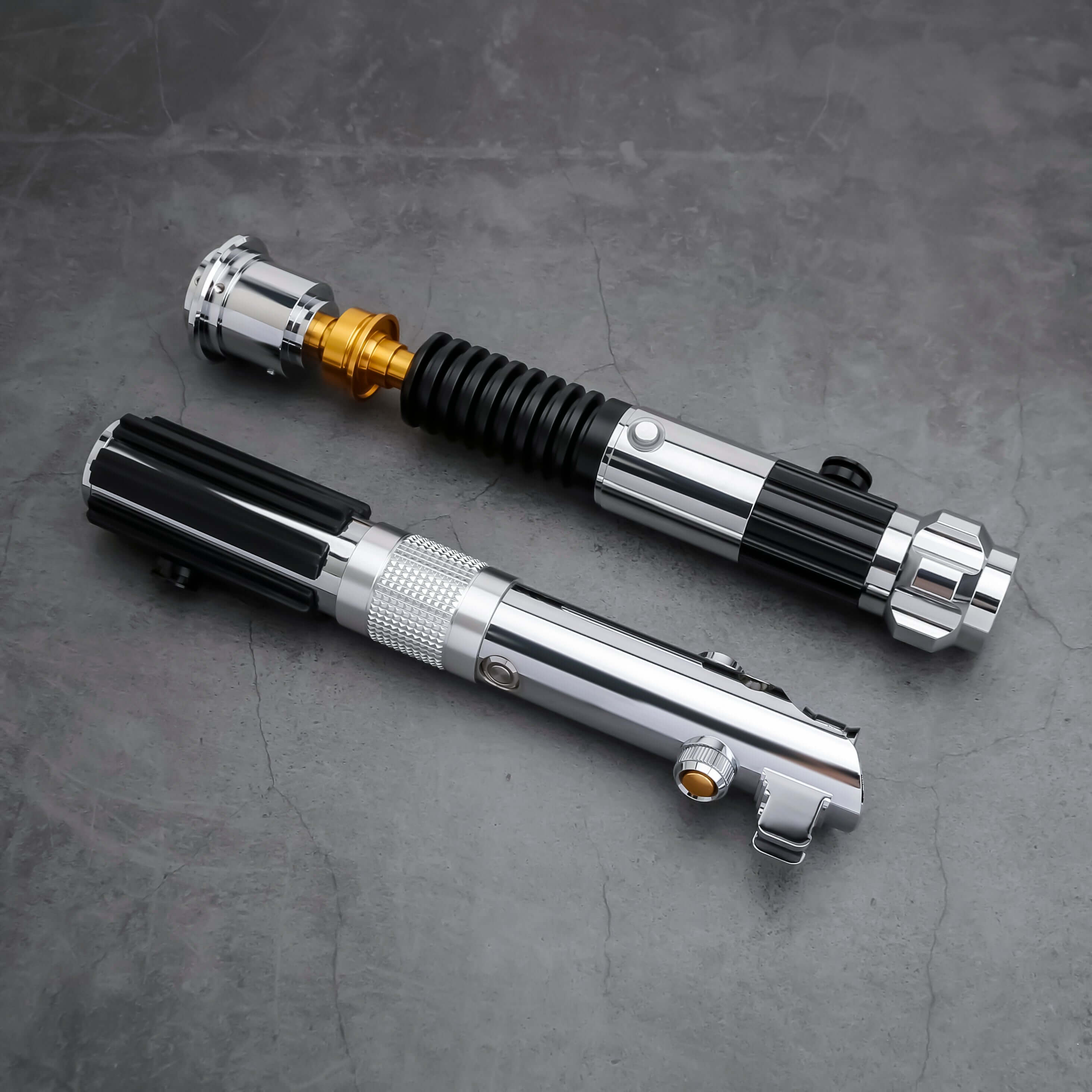 Obi & Ani Lightsaber Bundle – twin aluminum alloy hilts inspired by Obi-Wan SE and Anakin SE, removable polycarbonate blades (32"/36"), RGB S16 or Neopixel core options with customizable colors and soundfonts, smooth swing motion sensors, USB-rechargeable