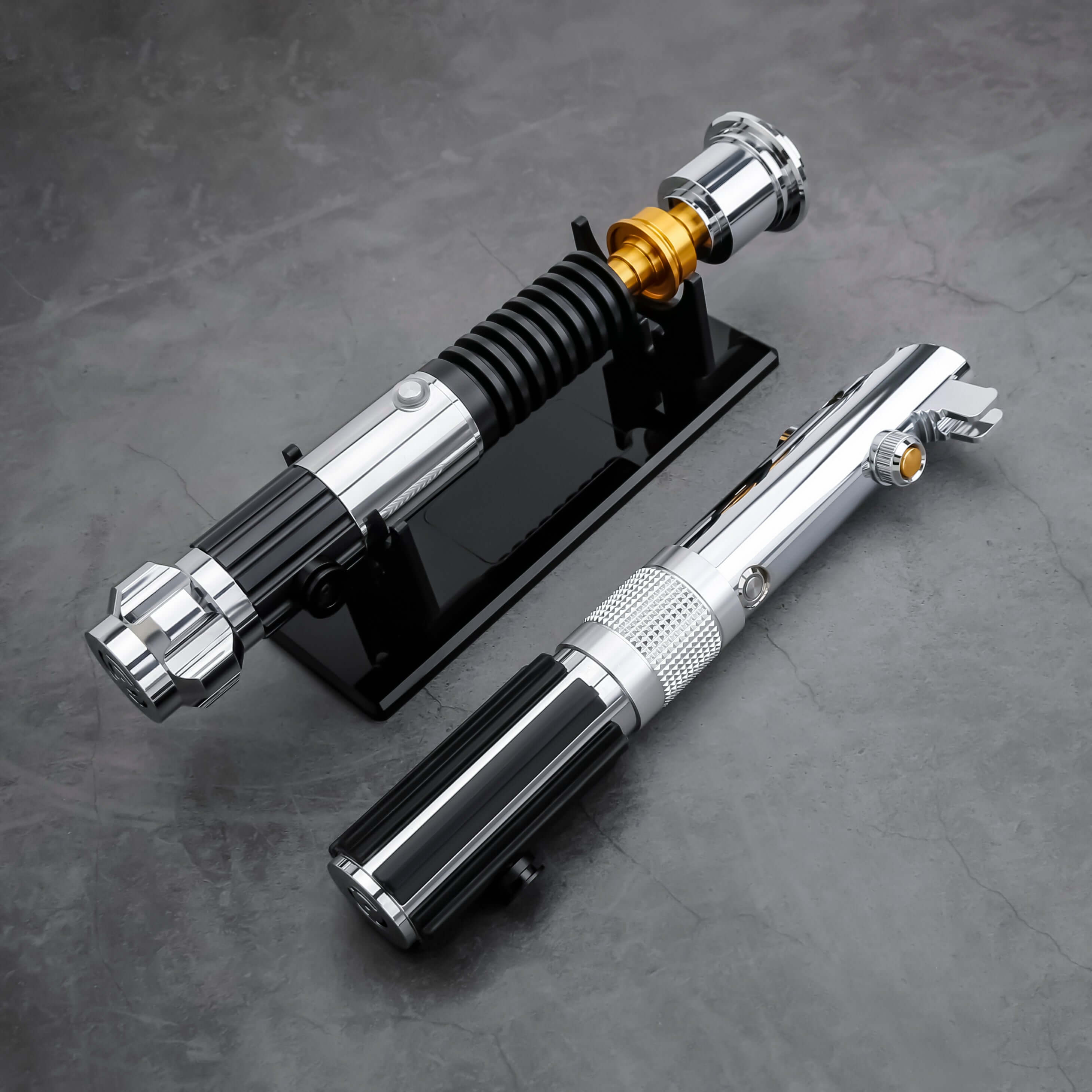 Obi & Ani Lightsaber Bundle – twin aluminum alloy hilts inspired by Obi-Wan SE and Anakin SE, removable polycarbonate blades (32"/36"), RGB S16 or Neopixel core options with customizable colors and soundfonts, smooth swing motion sensors, USB-rechargeable