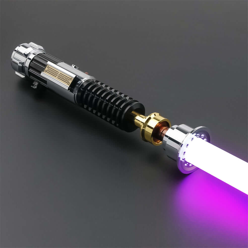 Obi EP3 lightsaber replica shown with vibrant purple blade and detailed hilt, perfect for collectors.