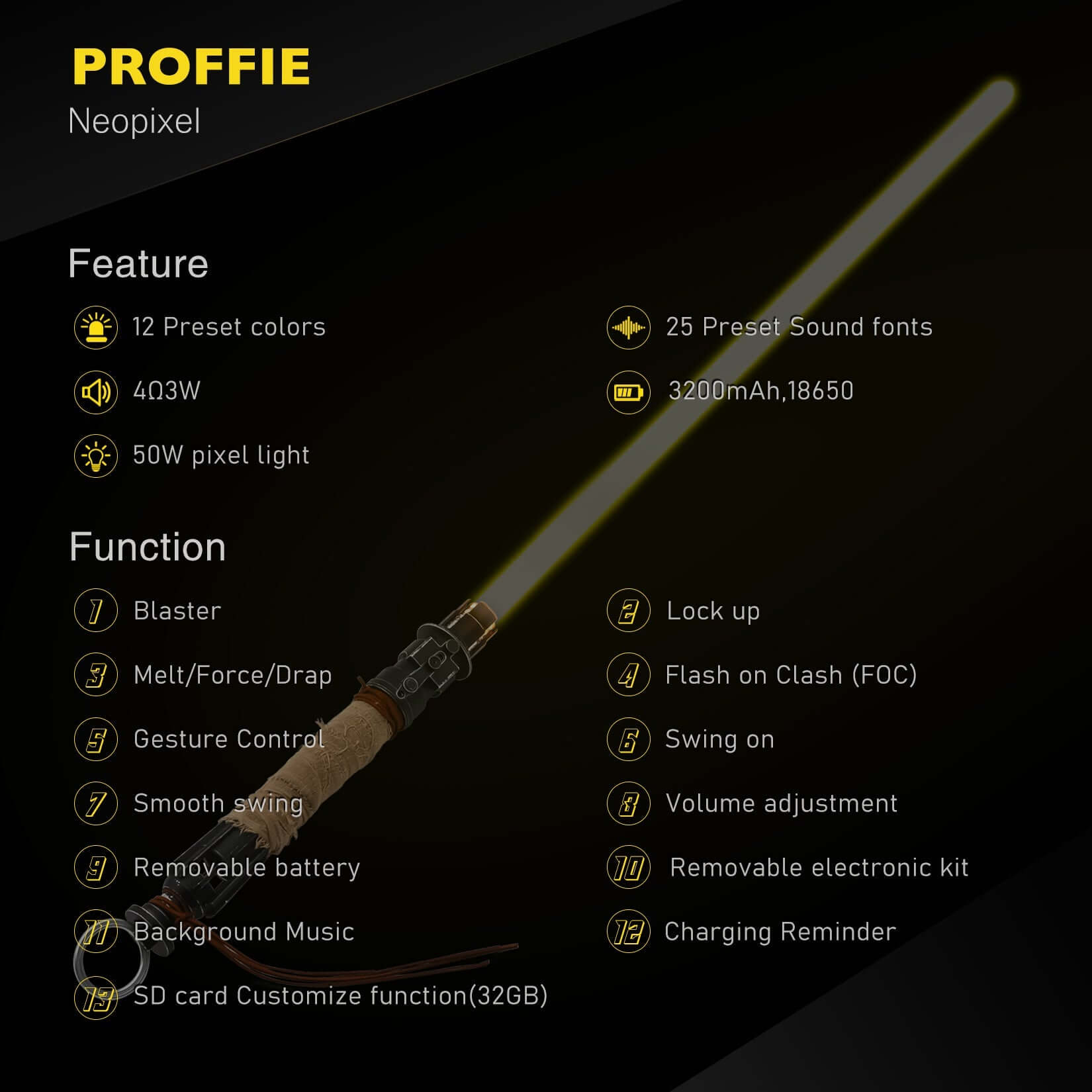 Starchaser Dual Sabers – twin frosted aluminum alloy hilts with etched emitter design for an ancient authentic feel, removable 77 cm or 92 cm polycarbonate blades, Neopixel multi-color changing core options for customizable blade effects, includes complim