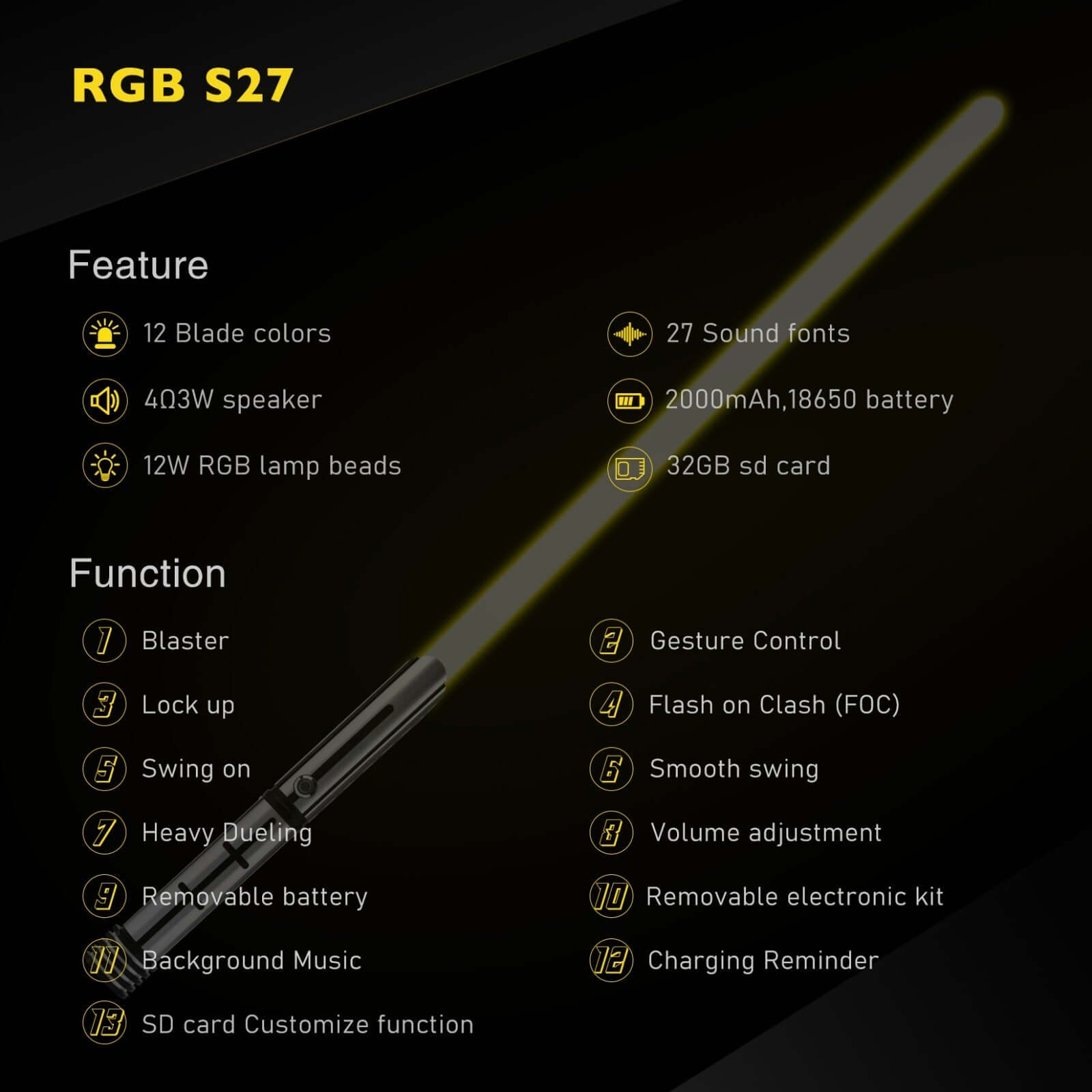 Starchaser Dual Sabers – twin frosted aluminum alloy hilts with etched emitter design for an ancient authentic feel, removable 77 cm or 92 cm polycarbonate blades, Neopixel multi-color changing core options for customizable blade effects, includes complim