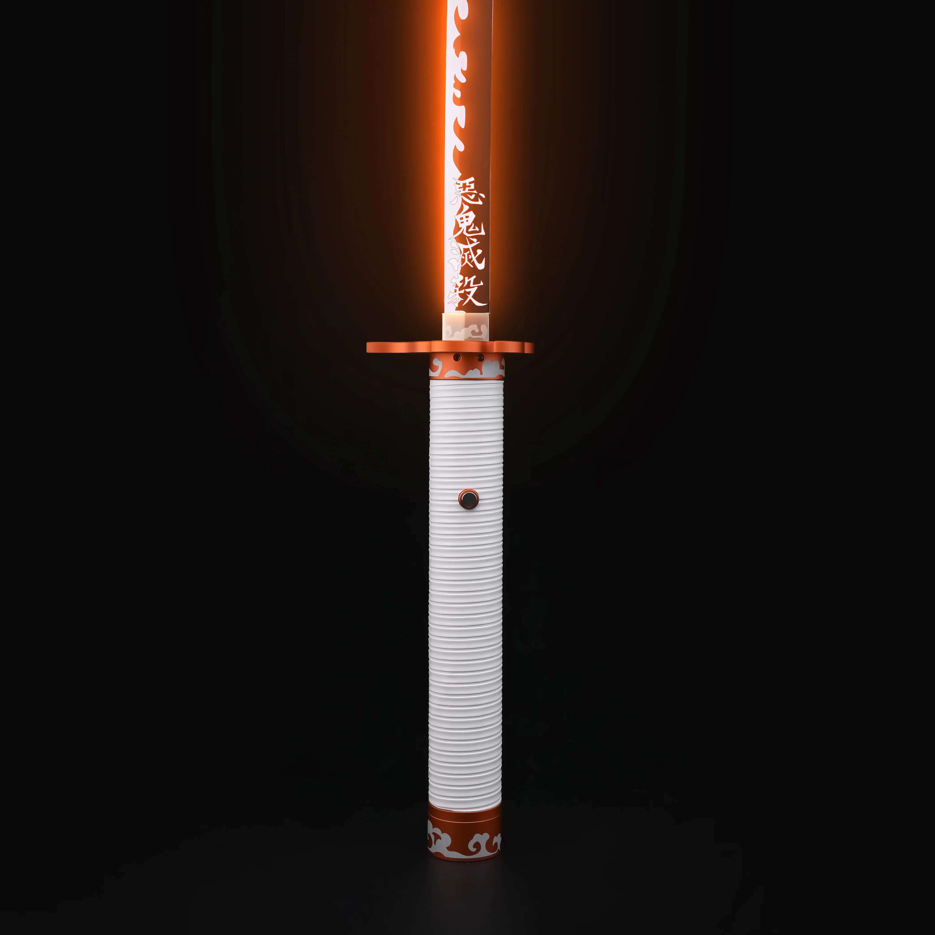 NovaSaber Demon Slayer Saber inspired by Kyojuro Rengoku, featuring a flame gold hilt, vibrant red and gold flame-shaped guard, and dynamic lighting and sound effects for immersive dueling and cosplay