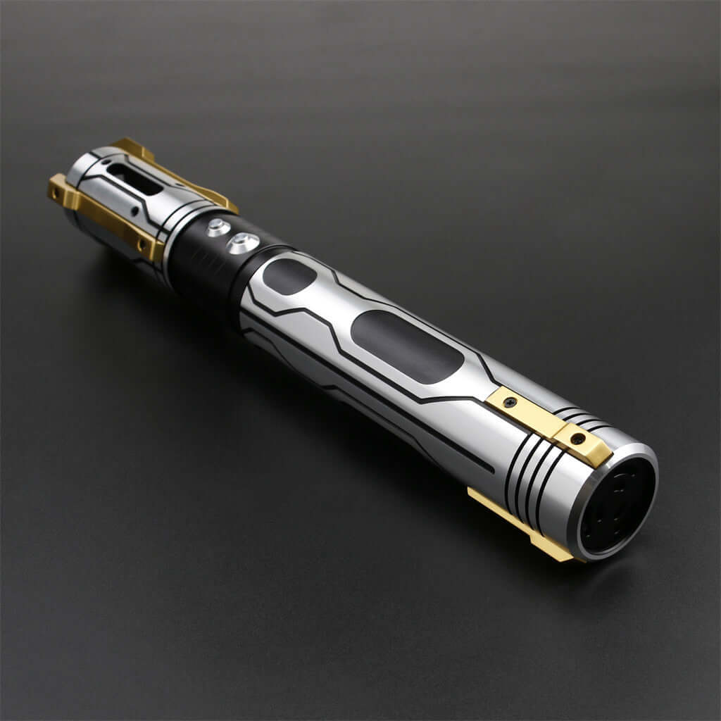 Skyrim lightsaber featuring sleek design and gold accents for enhanced grip and fluid movement.