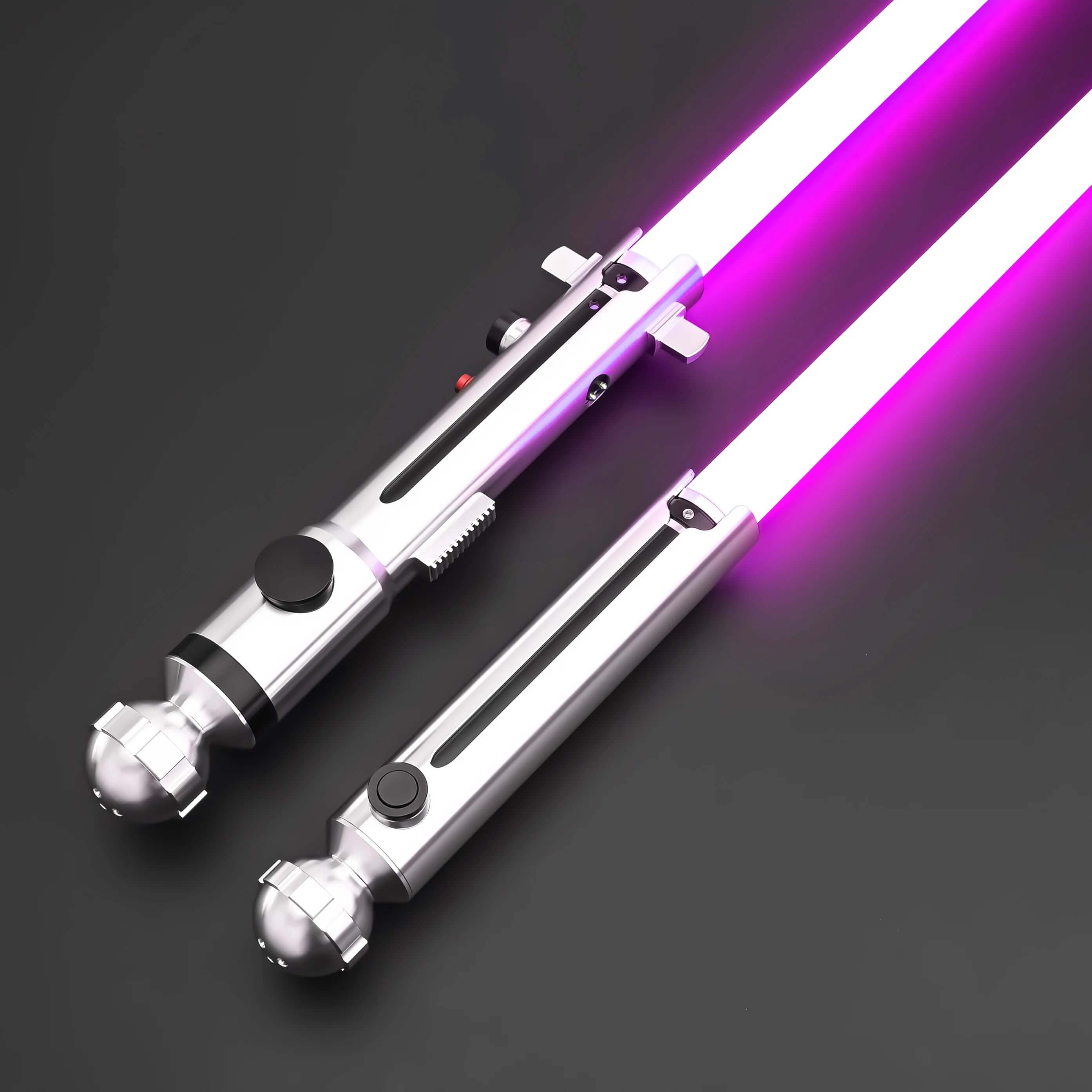 Ahsoka Tano CW lightsaber replica with sleek silver finish and vibrant pink blades.
