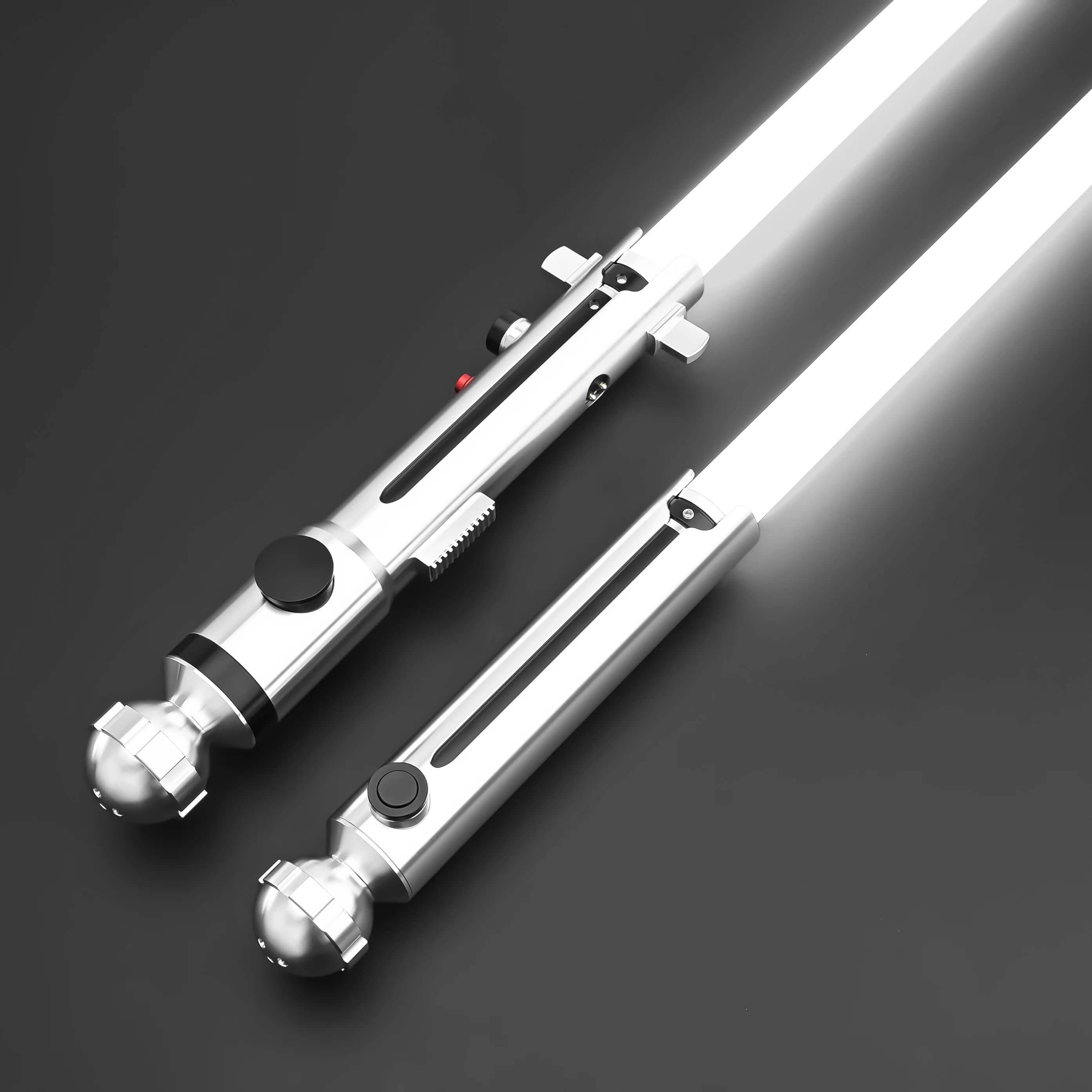 Ahsoka Tano CW lightsaber replica with sleek silver finish and dual glowing blades.