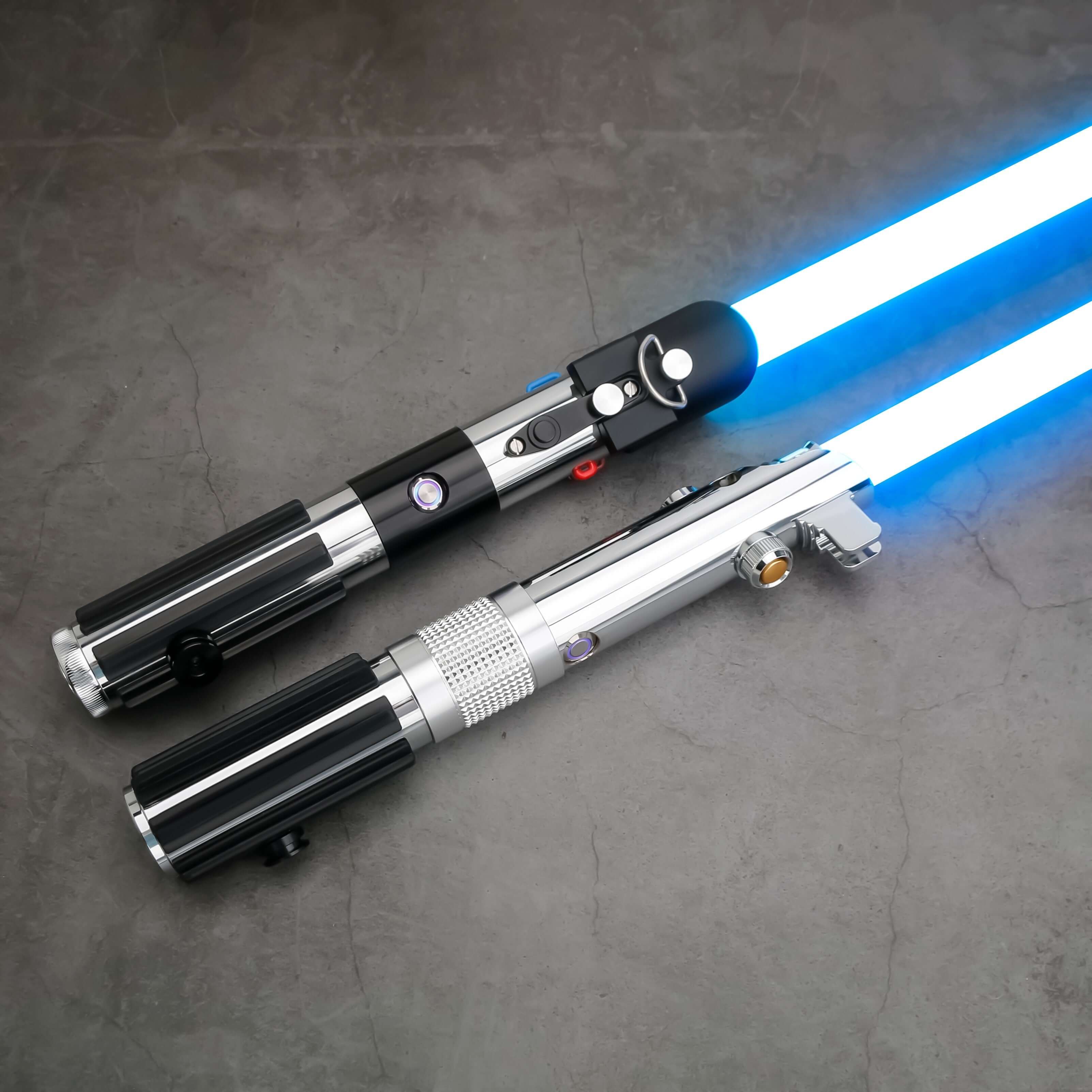 Novasaber The Chosen One Lightsaber set – twin aircraft-grade aluminum hilts combining Anakin & Vader SE styles, duel-ready polycarbonate blades, smooth-swing motion sensors, customizable RGB/Néopixel options with preset sound fonts, USB-rechargeable, inc