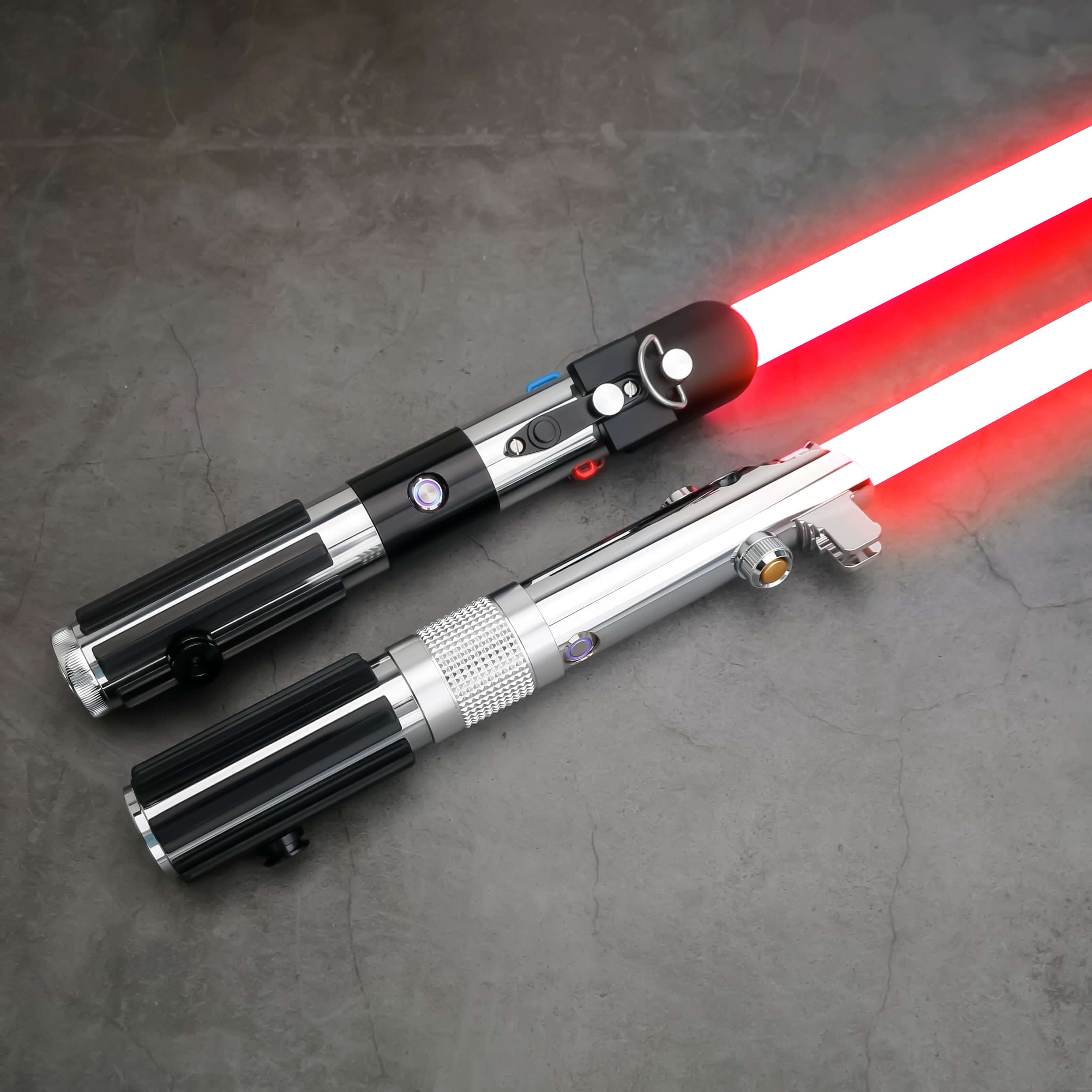 Novasaber The Chosen One Lightsaber set – twin aircraft-grade aluminum hilts combining Anakin & Vader SE styles, duel-ready polycarbonate blades, smooth-swing motion sensors, customizable RGB/Néopixel options with preset sound fonts, USB-rechargeable, inc