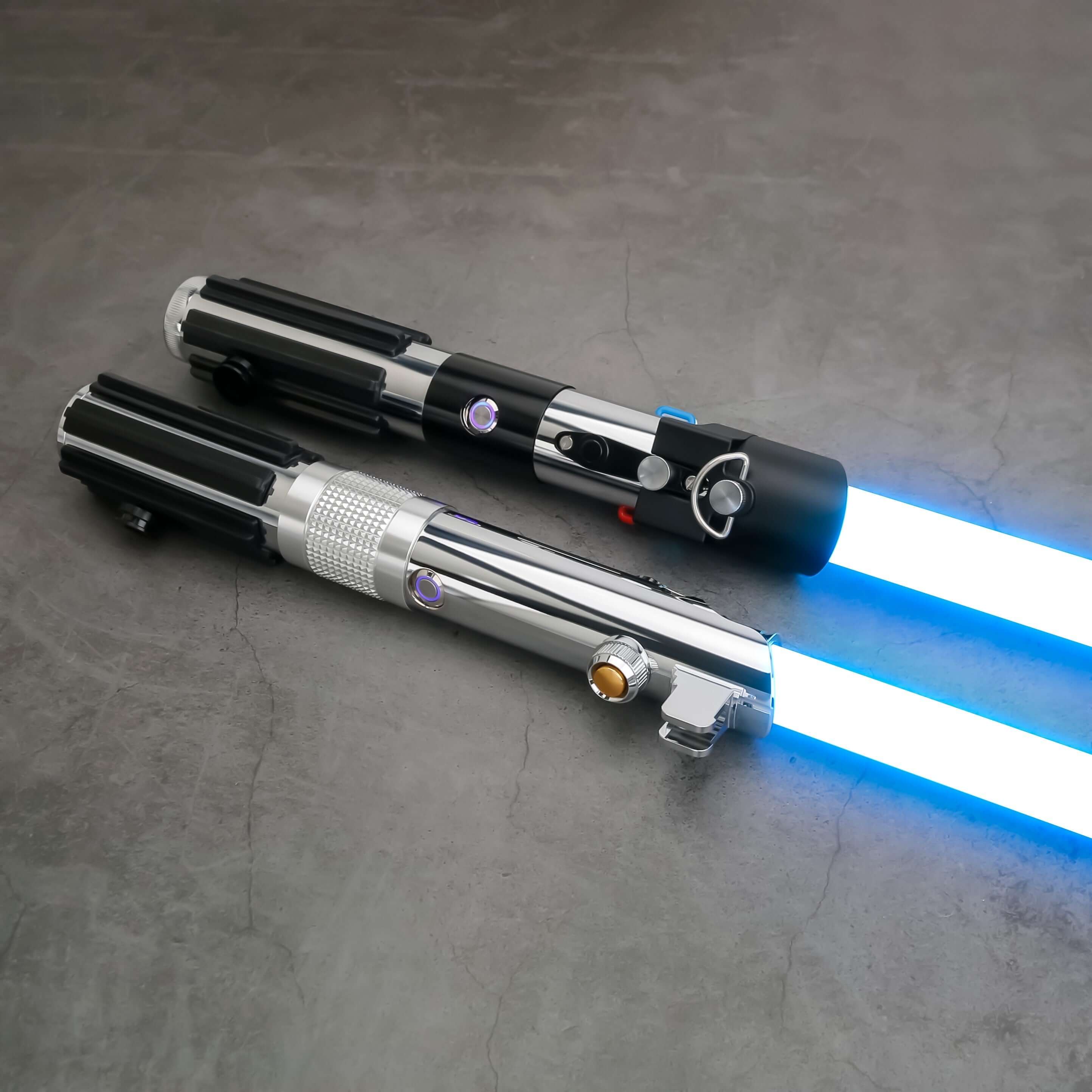 Novasaber The Chosen One Lightsaber set – twin aircraft-grade aluminum hilts combining Anakin & Vader SE styles, duel-ready polycarbonate blades, smooth-swing motion sensors, customizable RGB/Néopixel options with preset sound fonts, USB-rechargeable, inc