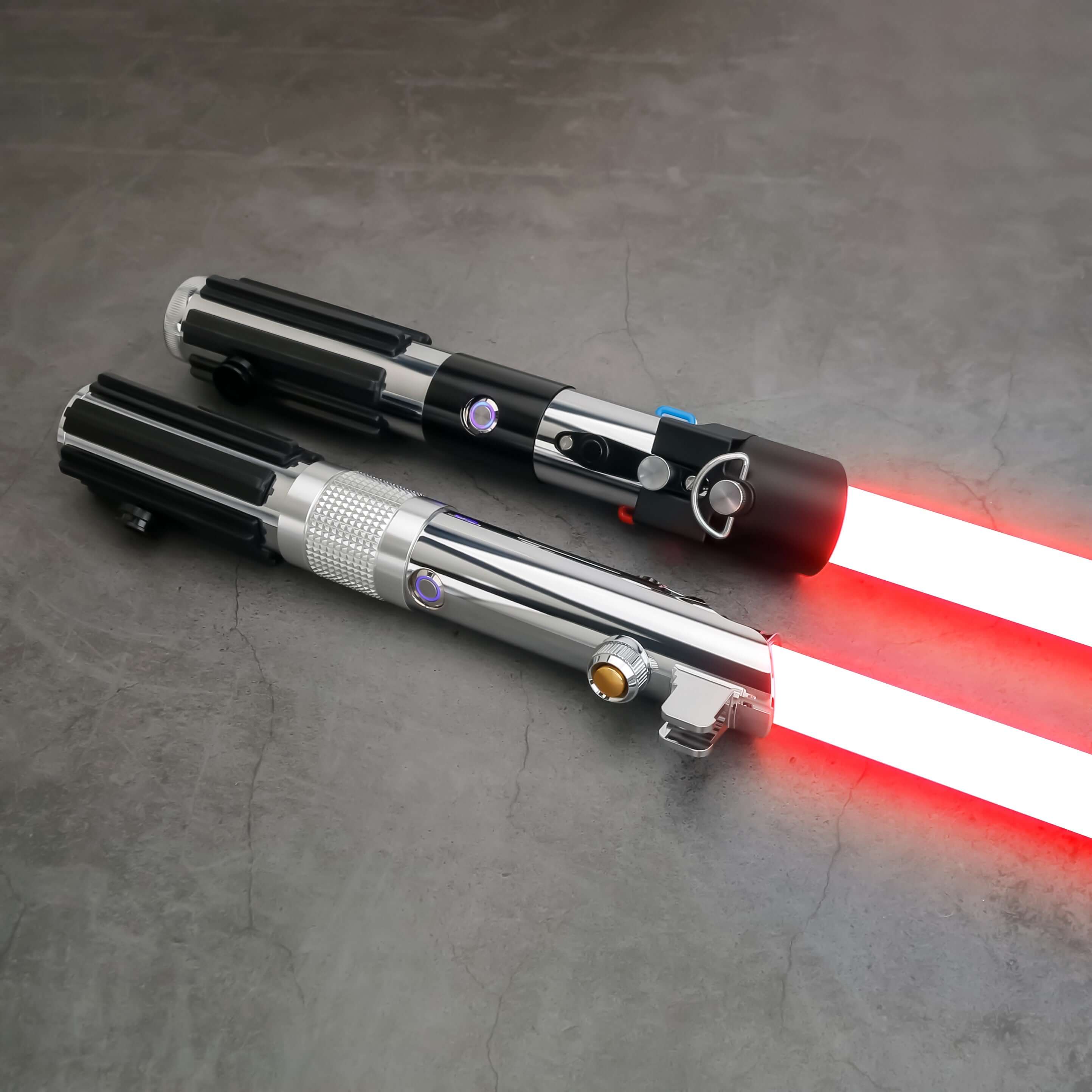 Novasaber The Chosen One Lightsaber set – twin aircraft-grade aluminum hilts combining Anakin & Vader SE styles, duel-ready polycarbonate blades, smooth-swing motion sensors, customizable RGB/Néopixel options with preset sound fonts, USB-rechargeable, inc