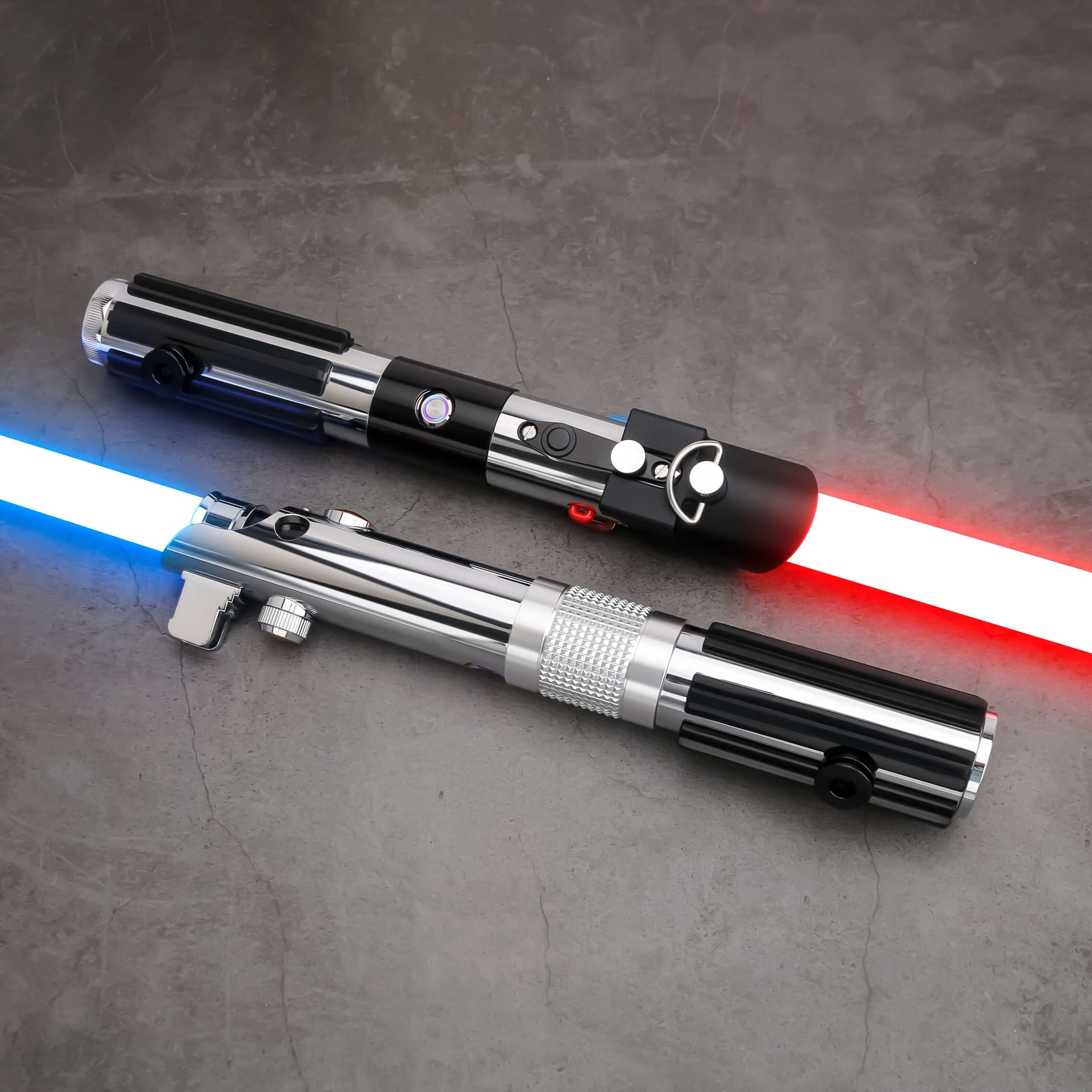 Novasaber The Chosen One Lightsaber set – twin aircraft-grade aluminum hilts combining Anakin & Vader SE styles, duel-ready polycarbonate blades, smooth-swing motion sensors, customizable RGB/Néopixel options with preset sound fonts, USB-rechargeable, inc