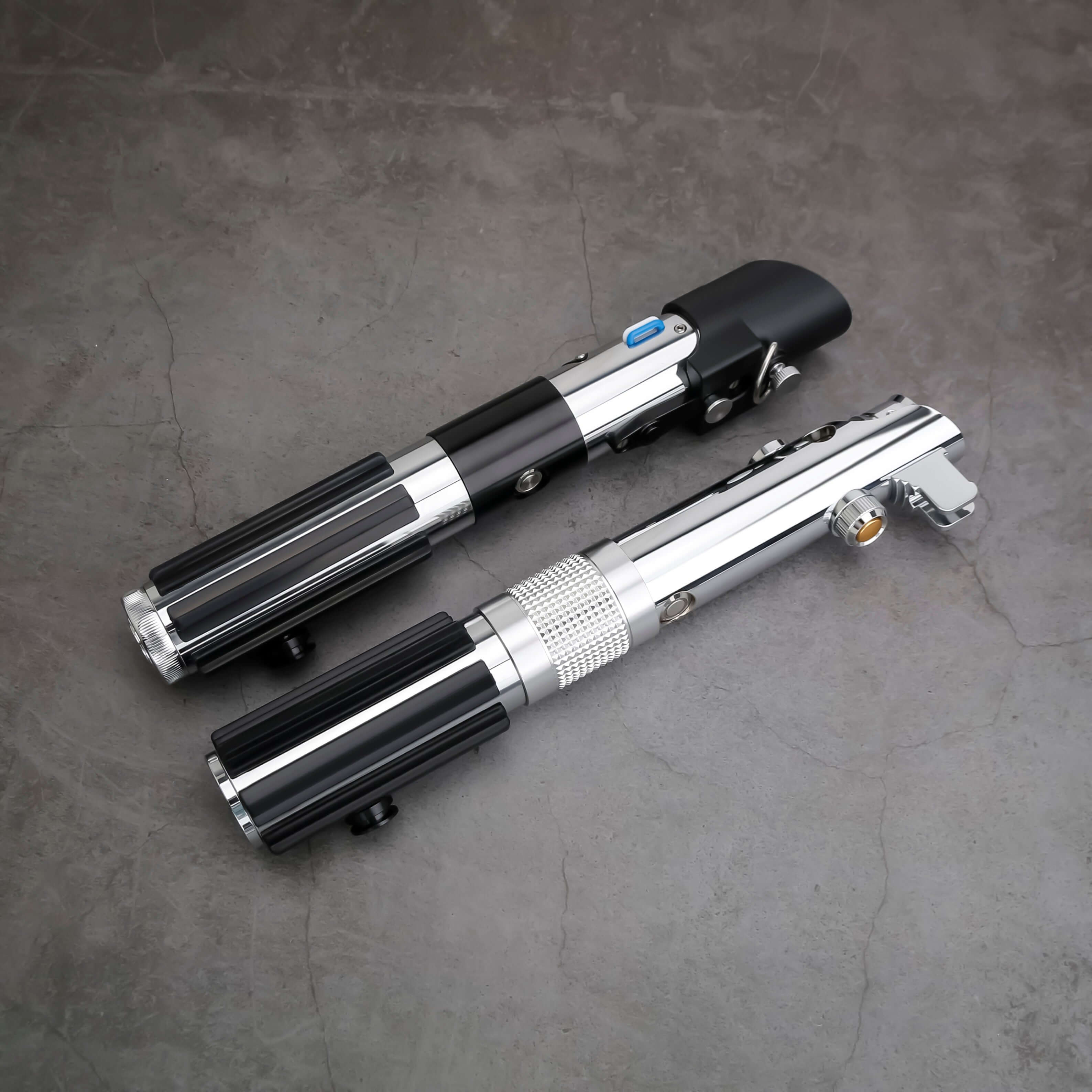 Novasaber The Chosen One Lightsaber set – twin aircraft-grade aluminum hilts combining Anakin & Vader SE styles, duel-ready polycarbonate blades, smooth-swing motion sensors, customizable RGB/Néopixel options with preset sound fonts, USB-rechargeable, inc