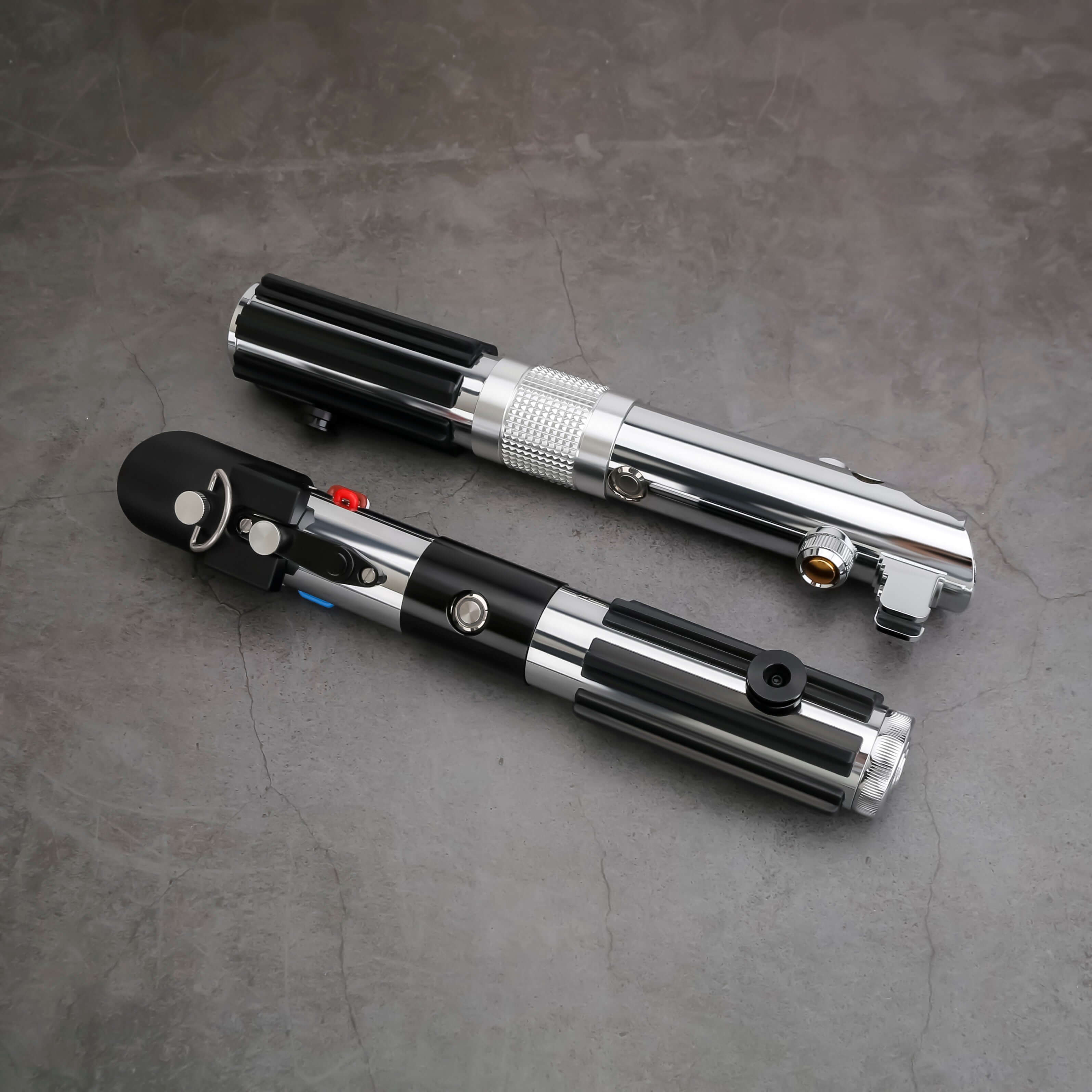 Novasaber The Chosen One Lightsaber set – twin aircraft-grade aluminum hilts combining Anakin & Vader SE styles, duel-ready polycarbonate blades, smooth-swing motion sensors, customizable RGB/Néopixel options with preset sound fonts, USB-rechargeable, inc