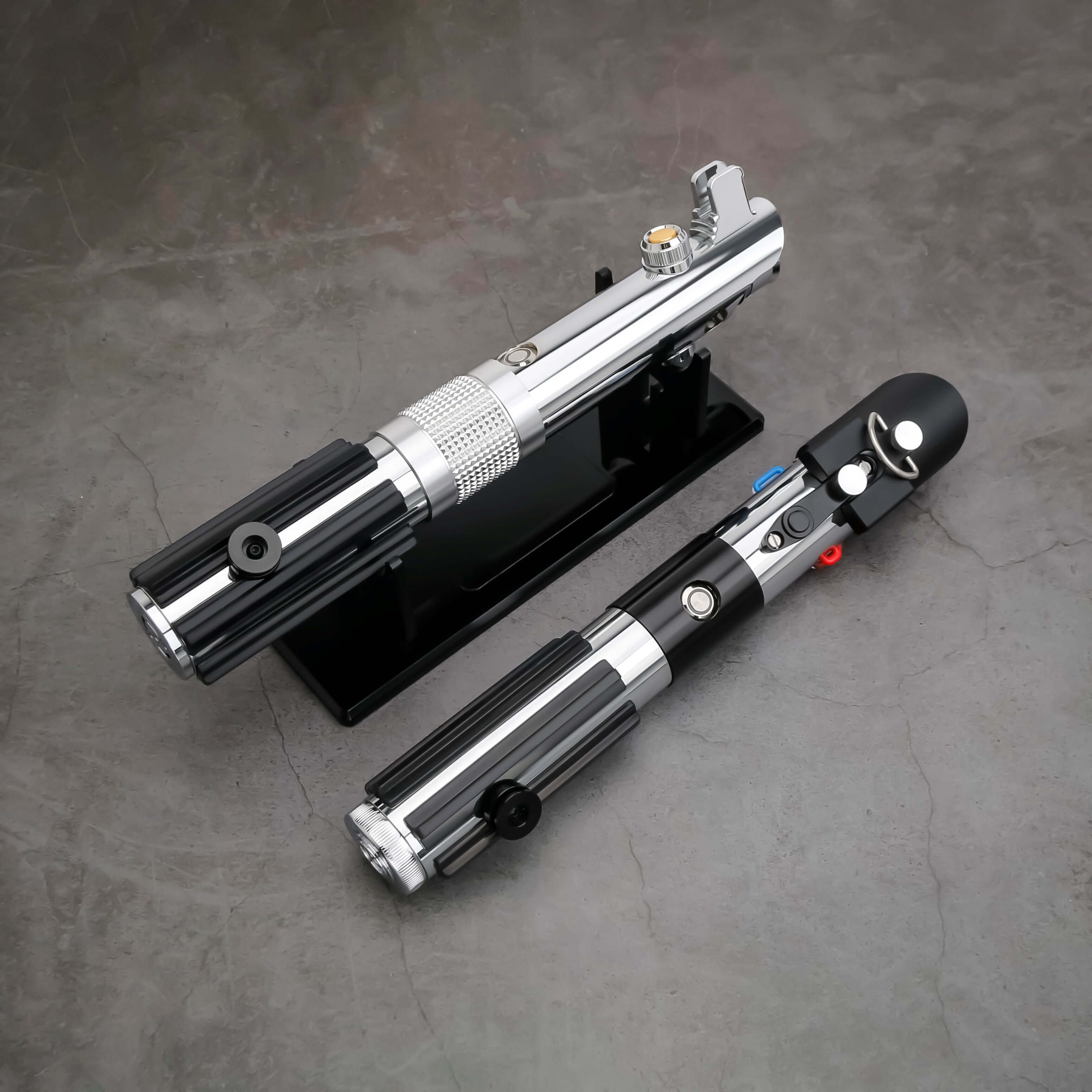 Novasaber The Chosen One Lightsaber set – twin aircraft-grade aluminum hilts combining Anakin & Vader SE styles, duel-ready polycarbonate blades, smooth-swing motion sensors, customizable RGB/Néopixel options with preset sound fonts, USB-rechargeable, inc