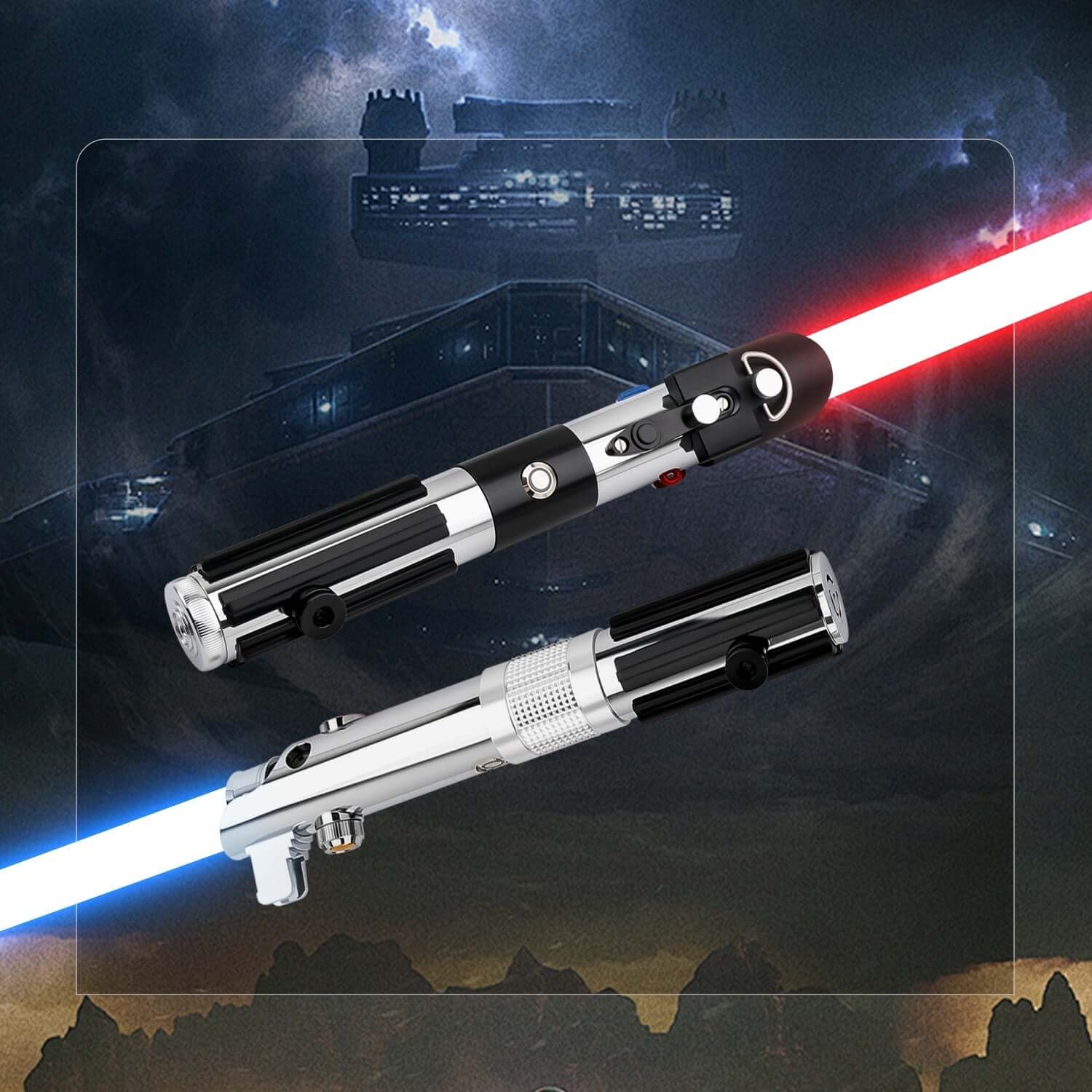 Novasaber The Chosen One Lightsaber set – twin aircraft-grade aluminum hilts combining Anakin & Vader SE styles, duel-ready polycarbonate blades, smooth-swing motion sensors, customizable RGB/Néopixel options with preset sound fonts, USB-rechargeable, inc