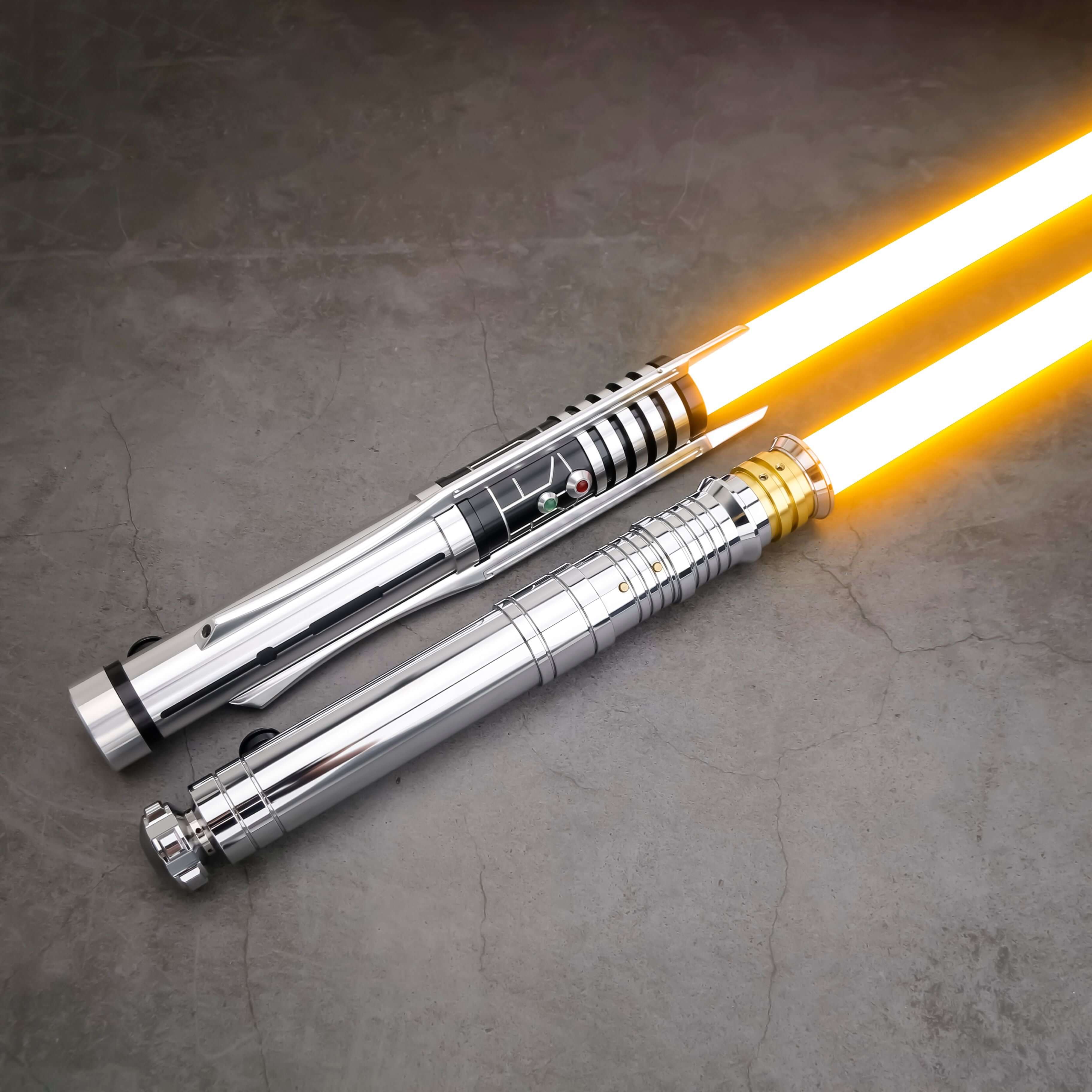 The Prodigal Knight Neopixel Lightsaber – precision-balanced aluminum hilt with premium detailing, vibrant RGB/Neopixel blade, customizable sound fonts and effects via app, smooth swing motion, USB-rechargeable, includes hilt, polycarbonate blade, chargin