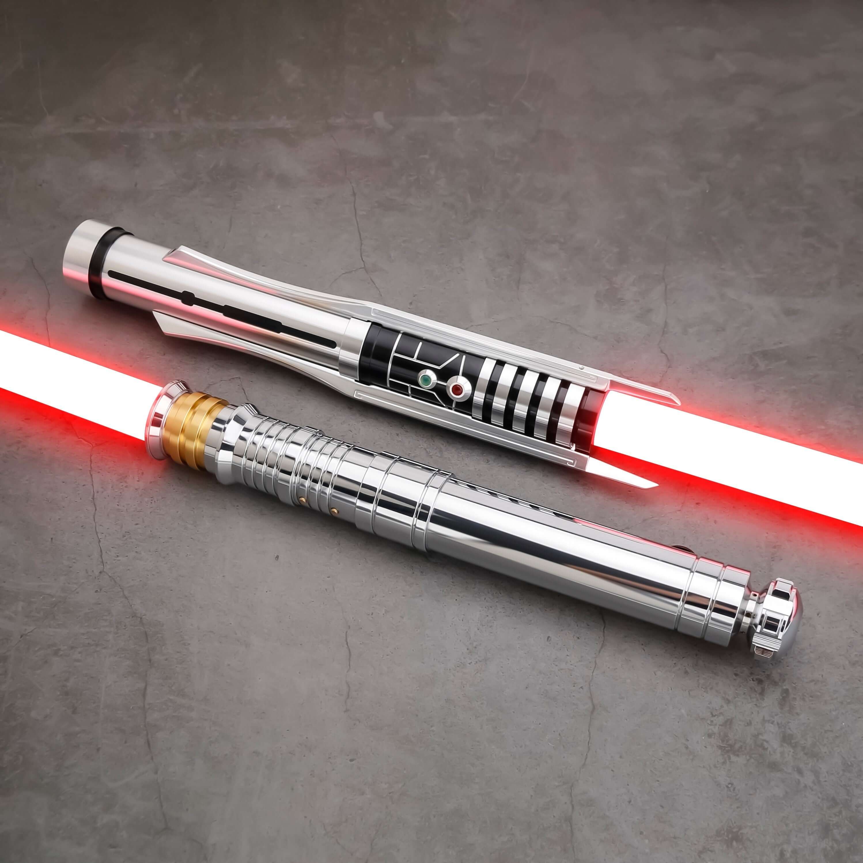 The Prodigal Knight Neopixel Lightsaber – precision-balanced aluminum hilt with premium detailing, vibrant RGB/Neopixel blade, customizable sound fonts and effects via app, smooth swing motion, USB-rechargeable, includes hilt, polycarbonate blade, chargin