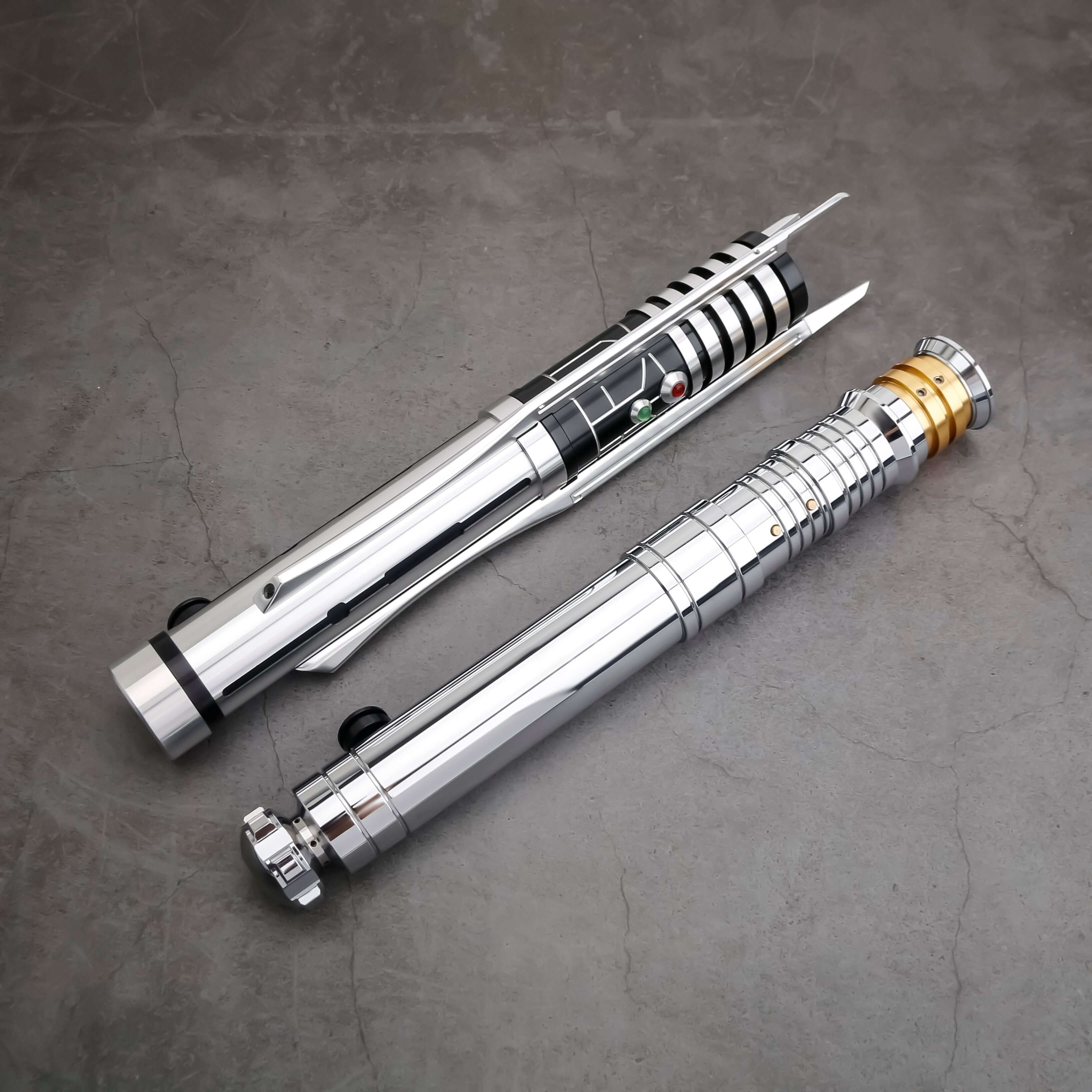 The Prodigal Knight Neopixel Lightsaber – precision-balanced aluminum hilt with premium detailing, vibrant RGB/Neopixel blade, customizable sound fonts and effects via app, smooth swing motion, USB-rechargeable, includes hilt, polycarbonate blade, chargin