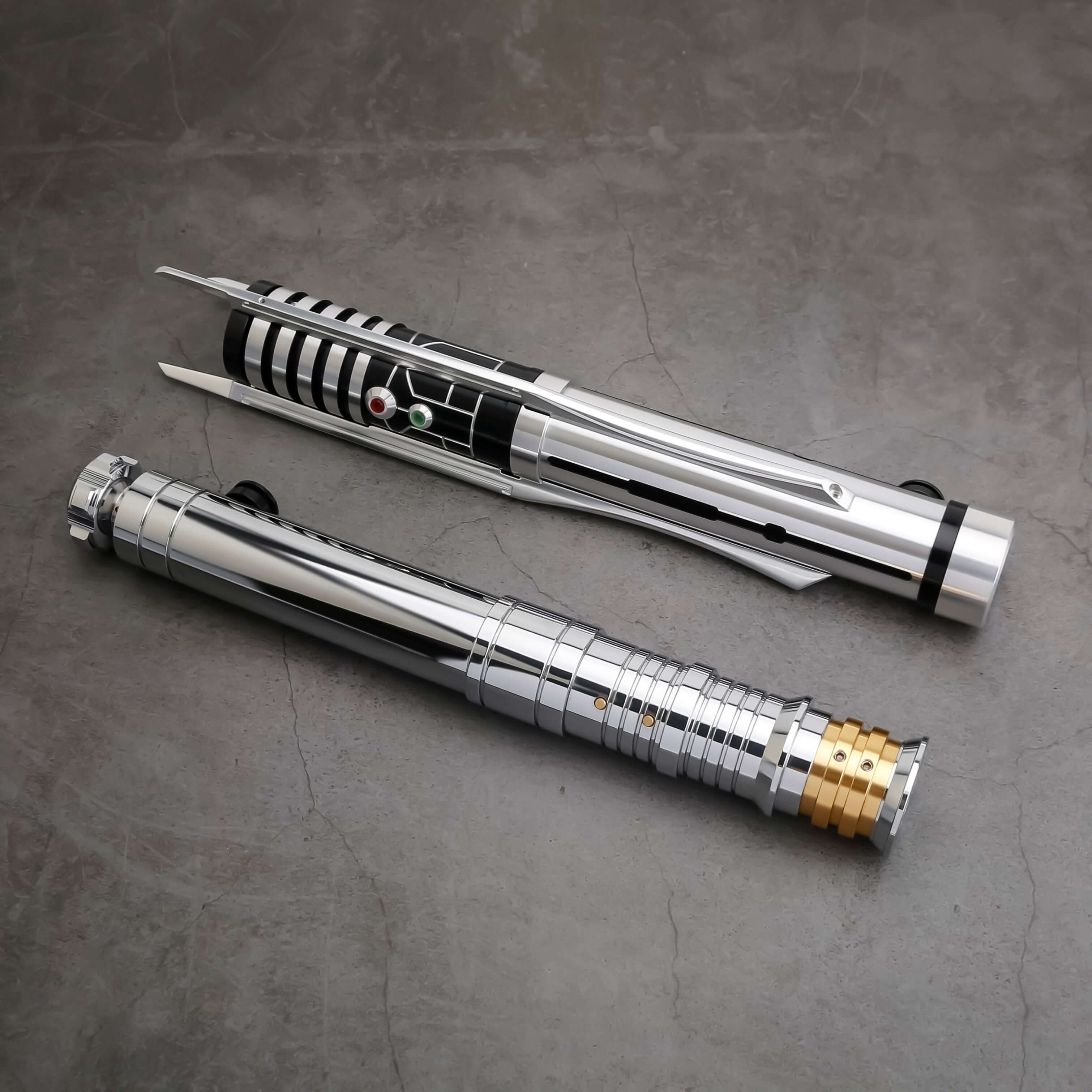 The Prodigal Knight Neopixel Lightsaber – precision-balanced aluminum hilt with premium detailing, vibrant RGB/Neopixel blade, customizable sound fonts and effects via app, smooth swing motion, USB-rechargeable, includes hilt, polycarbonate blade, chargin