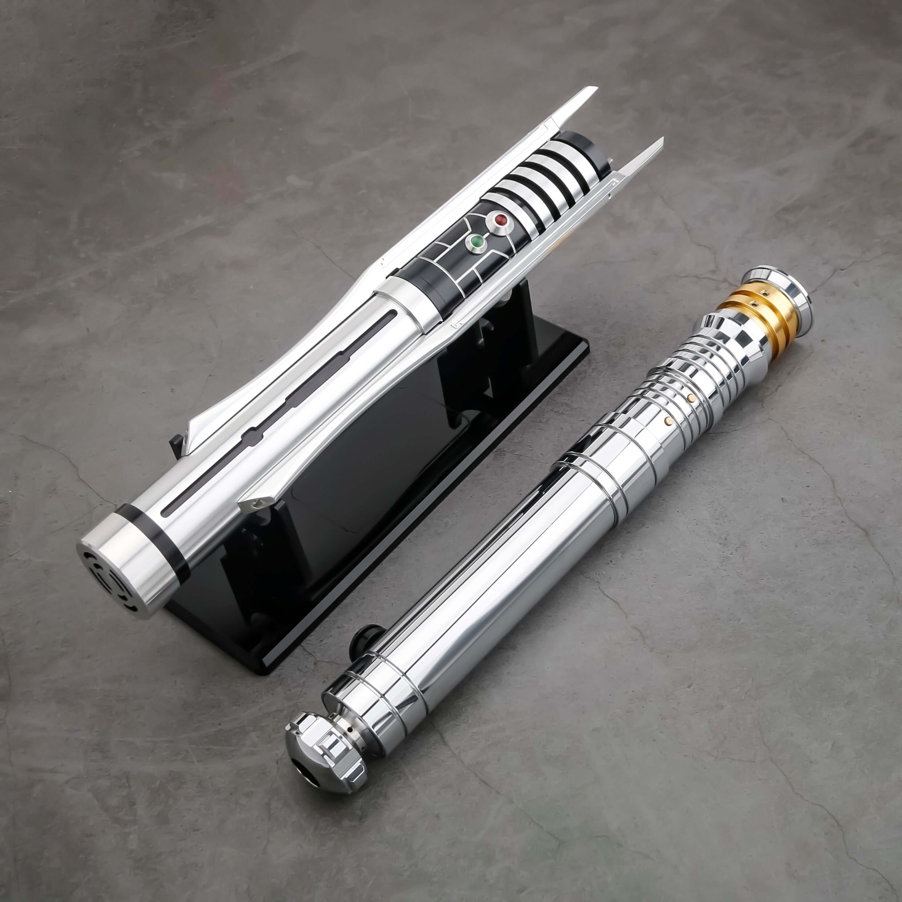 The Prodigal Knight Neopixel Lightsaber – precision-balanced aluminum hilt with premium detailing, vibrant RGB/Neopixel blade, customizable sound fonts and effects via app, smooth swing motion, USB-rechargeable, includes hilt, polycarbonate blade, chargin