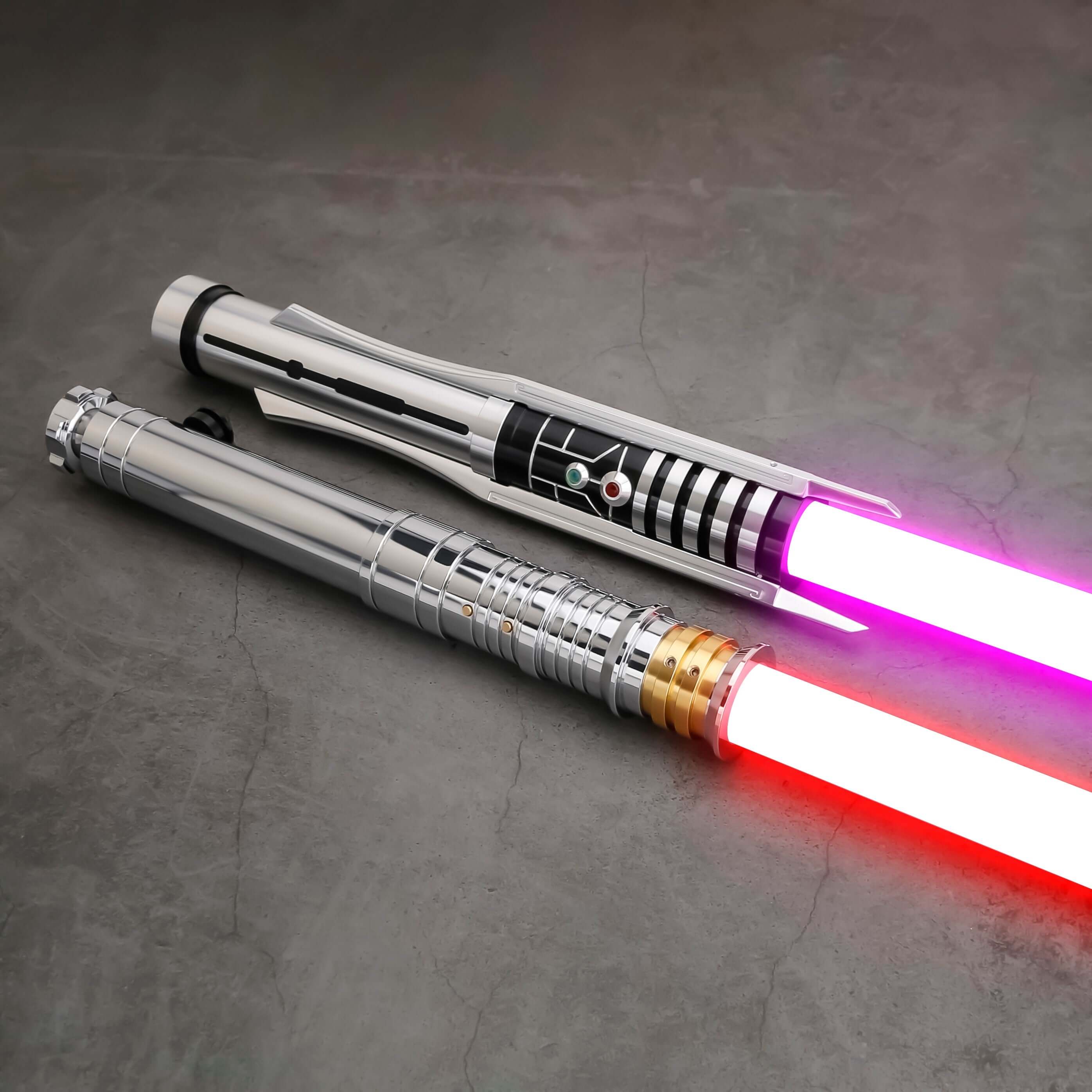 The Prodigal Knight Neopixel Lightsaber – precision-balanced aluminum hilt with premium detailing, vibrant RGB/Neopixel blade, customizable sound fonts and effects via app, smooth swing motion, USB-rechargeable, includes hilt, polycarbonate blade, chargin