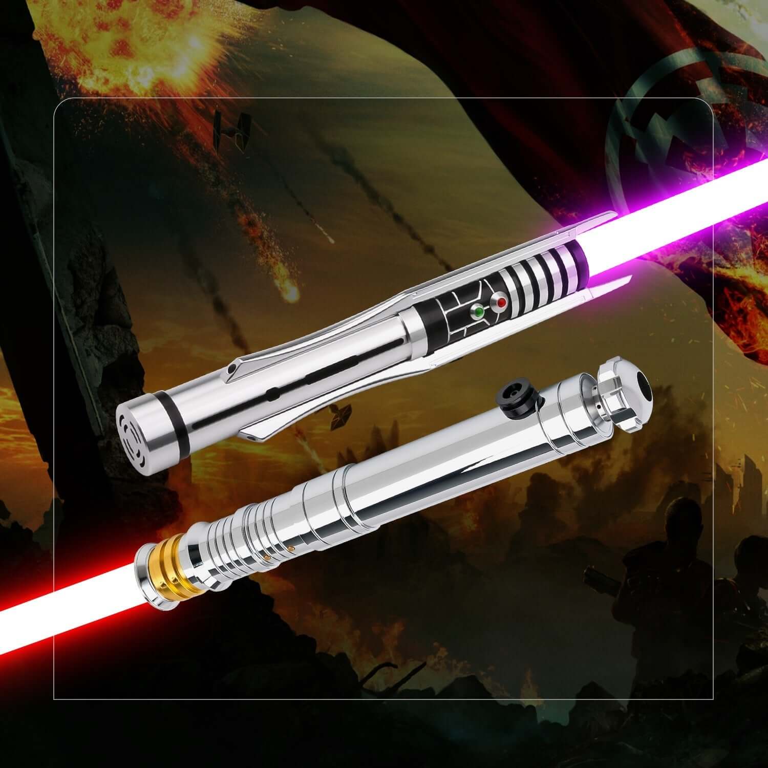 The Prodigal Knight Neopixel Lightsaber – precision-balanced aluminum hilt with premium detailing, vibrant RGB/Neopixel blade, customizable sound fonts and effects via app, smooth swing motion, USB-rechargeable, includes hilt, polycarbonate blade, chargin