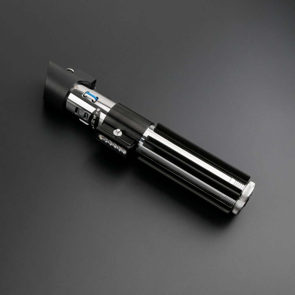 Vader Proffie 2.2 lightsaber displayed on a black background, showcasing its sleek design and features.