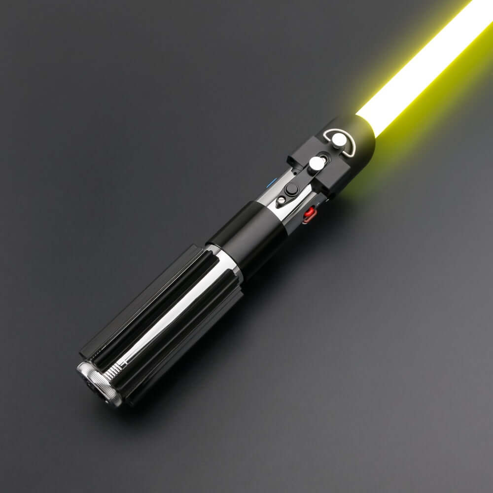Vader Proffie 2.2 lightsaber with yellow blade featuring sleek black grip against a dark background.
